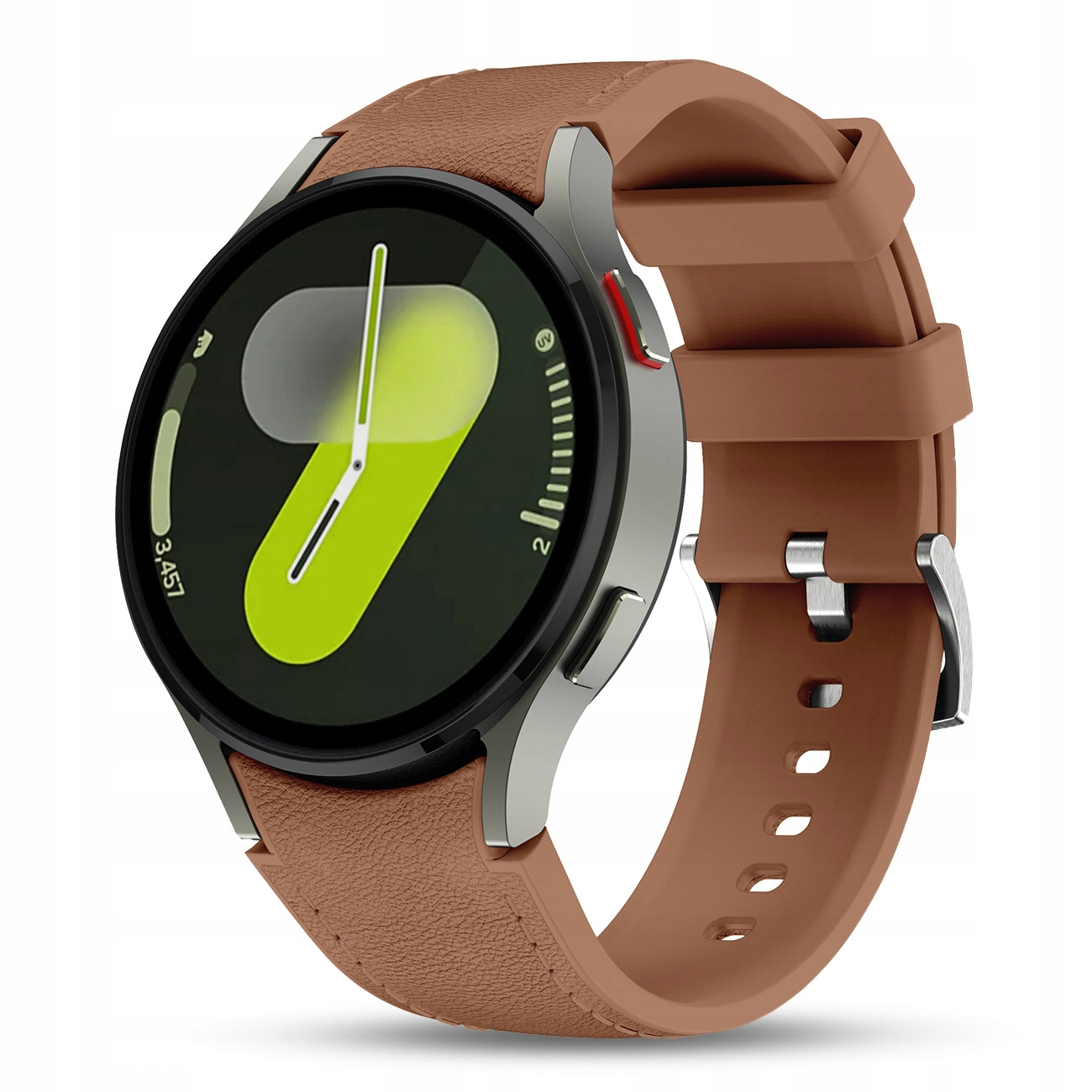 Okrągły smartwatch z brązowym paskiem i srebrną kopertą na białym tle.