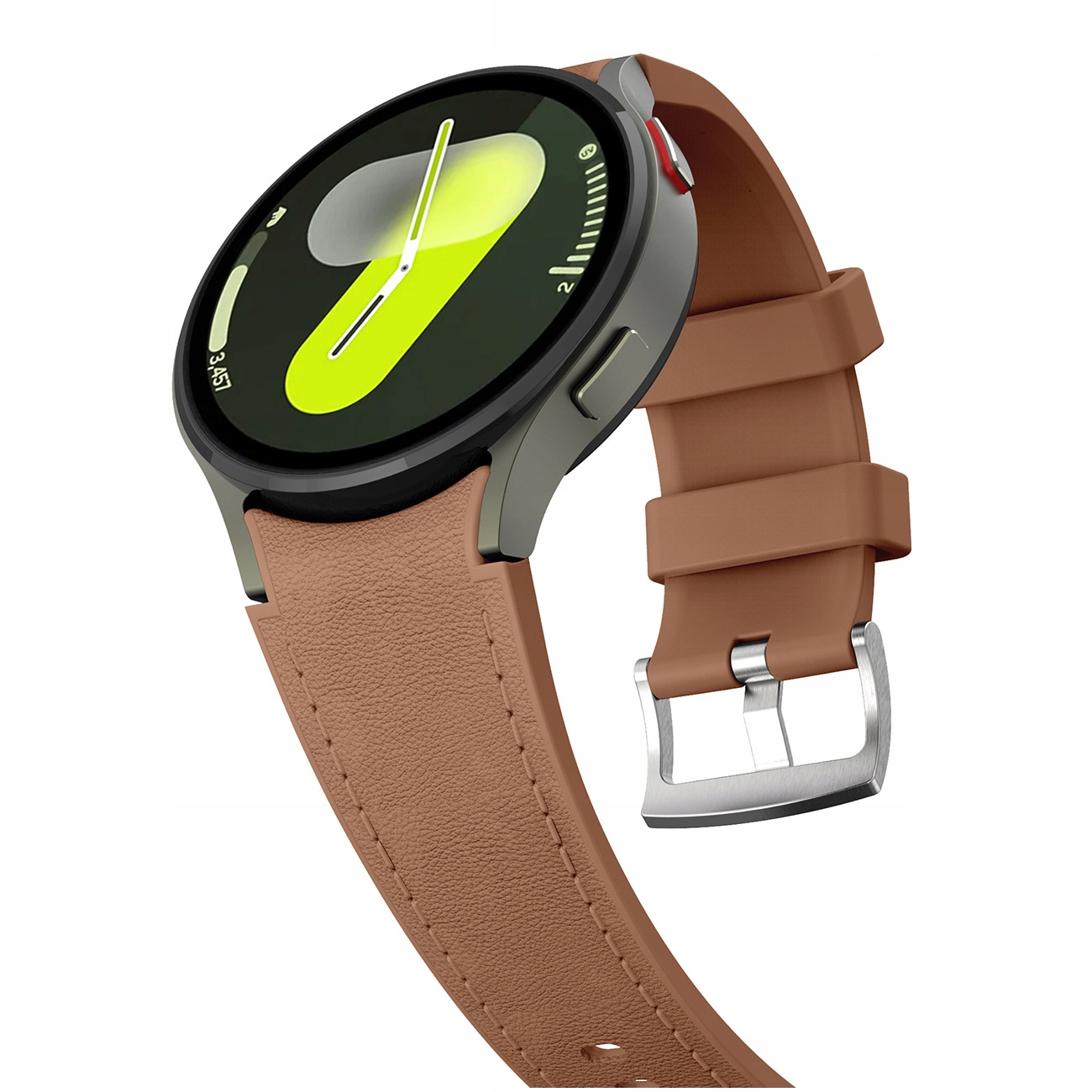 Okrągły smartwatch z brązowym skórzanym paskiem i srebrną klamrą.