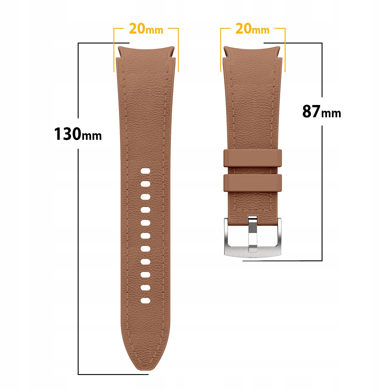 Brązowy skórzany pasek do zegarka o wymiarach 130mm i 87mm, szerokość 20mm.