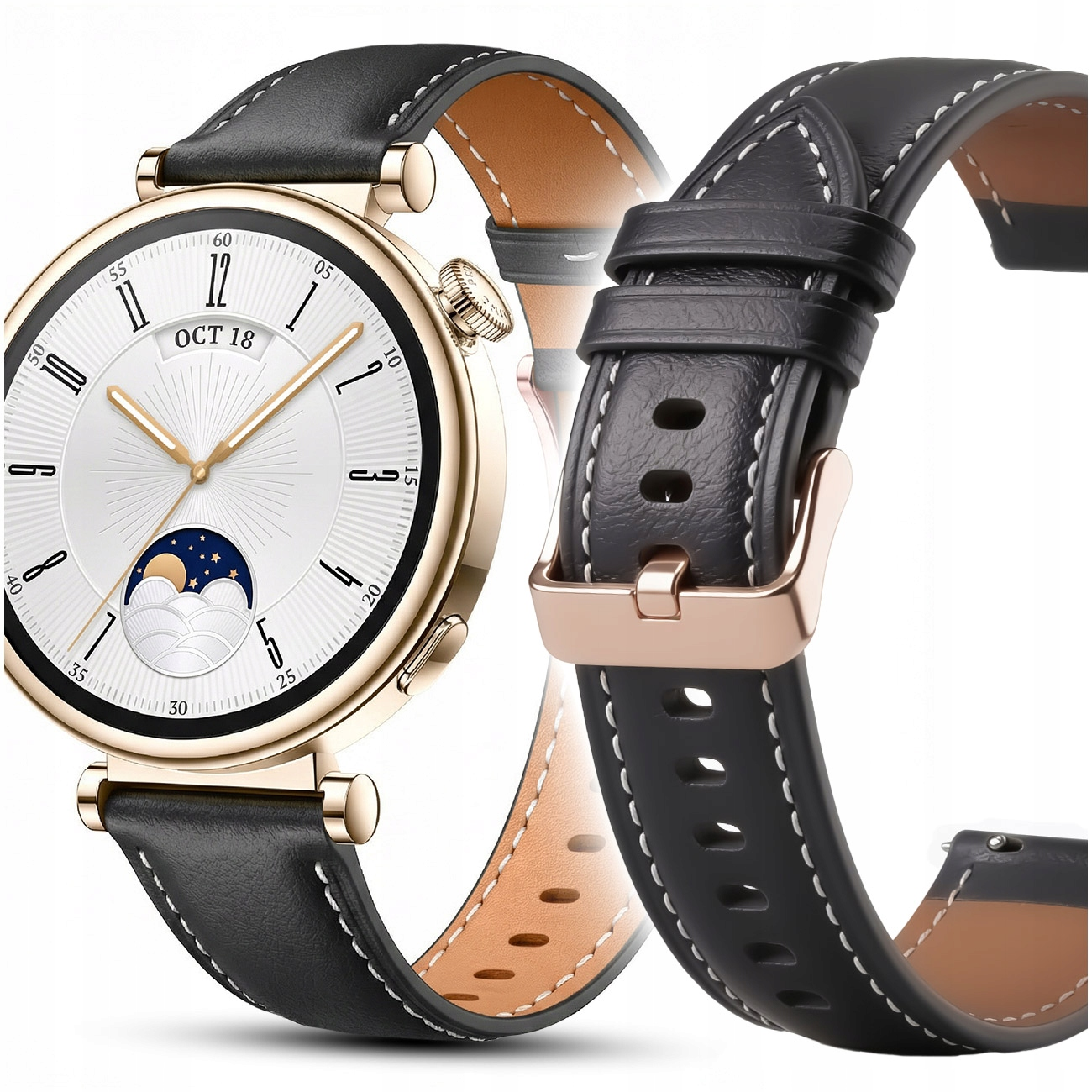 Złoty smartwatch z białym cyferblatem, fazą księżyca i czarnym skórzanym paskiem.