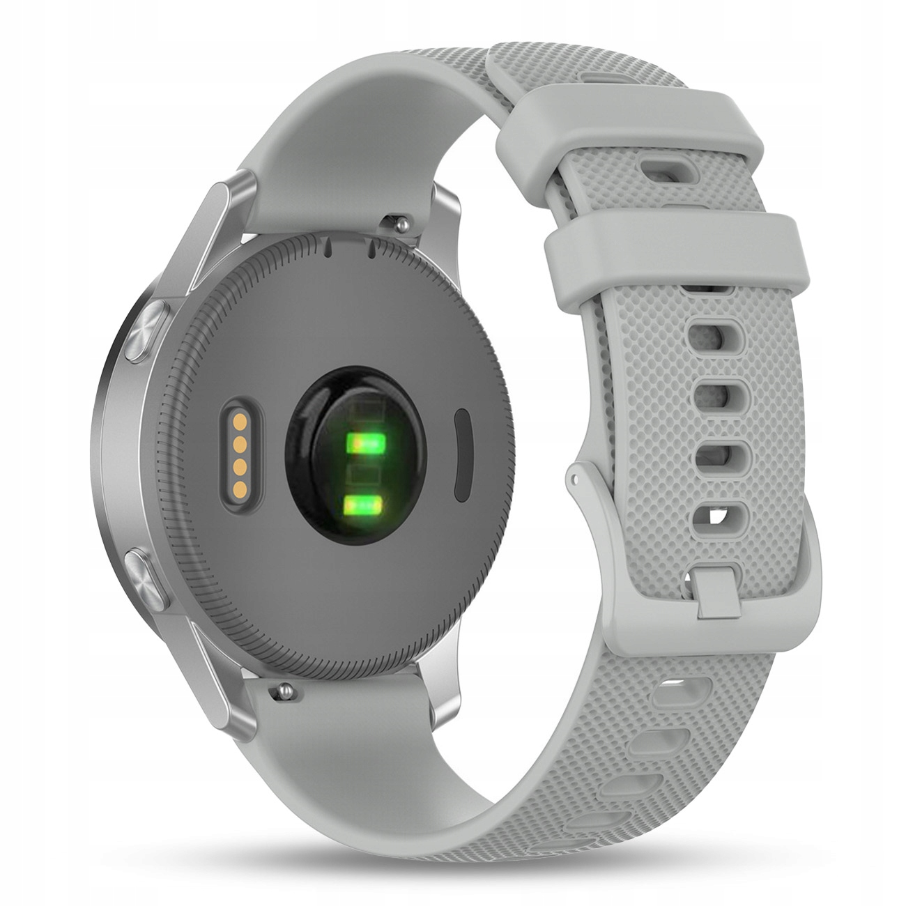Szary smartwatch z czujnikiem tętna i pinami ładowania z tyłu.