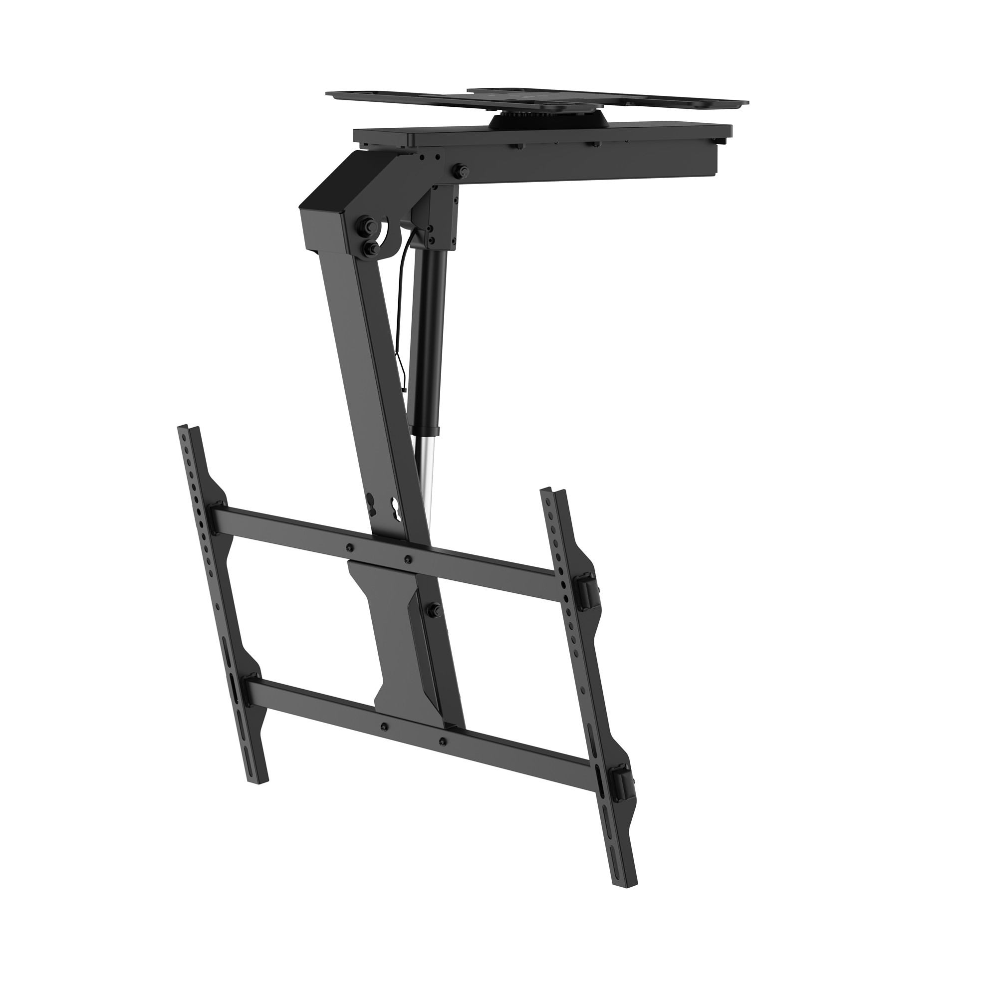 Schwarze Deckenhalterung für Fernseher mit verstellbaren Armen und hydraulischer Stange.