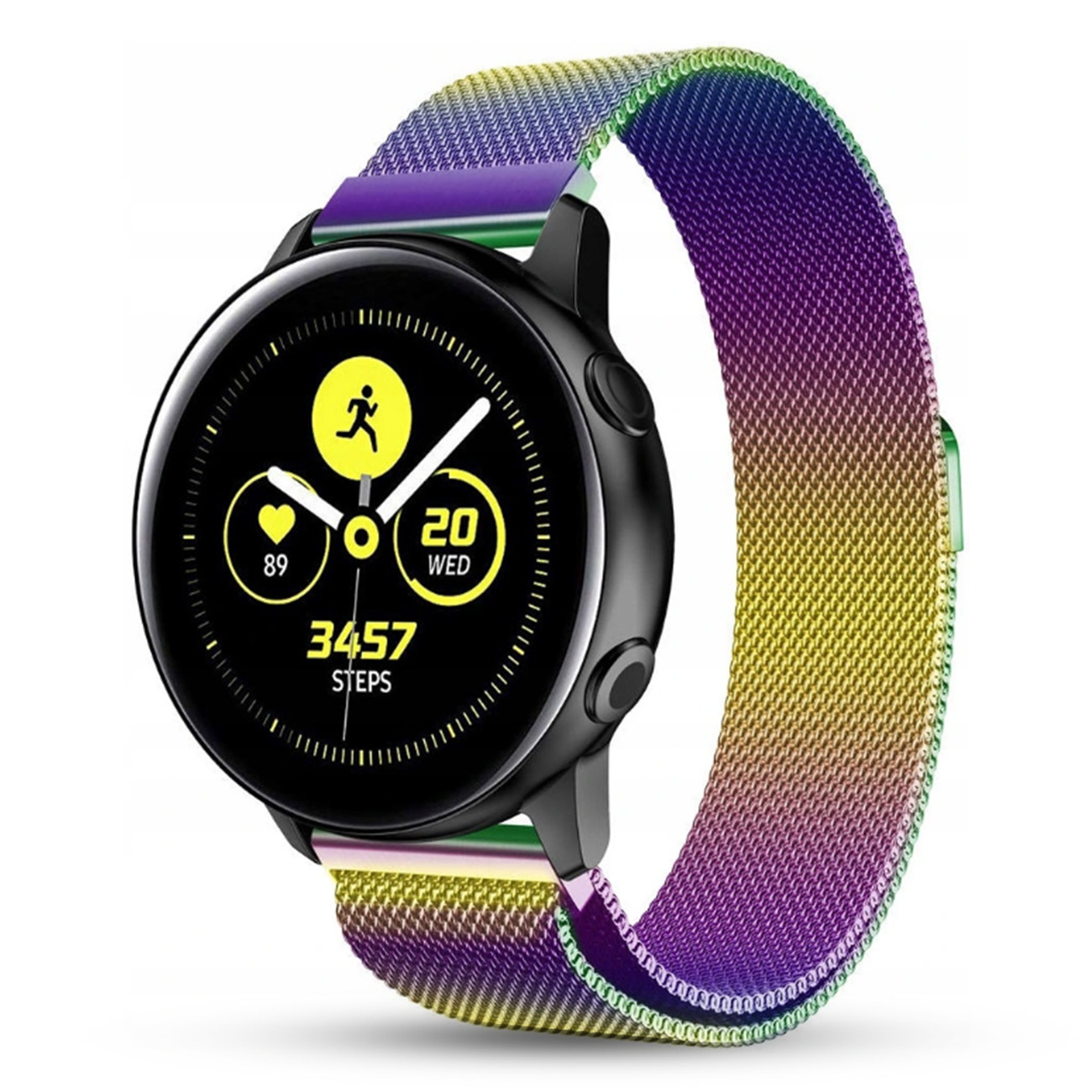 Czarny smartwatch z kolorową bransoletą przechodzącą z fioletu w żółty.