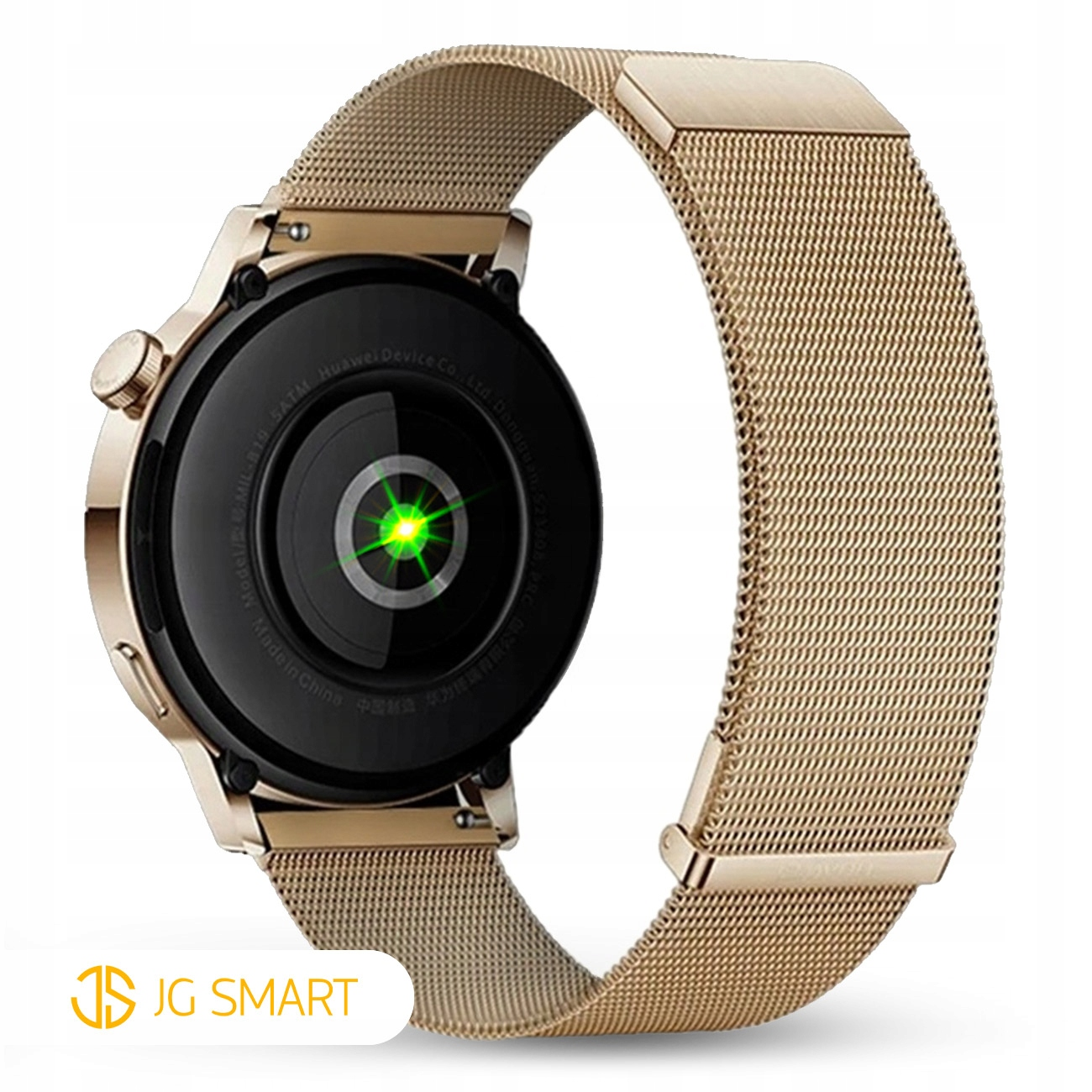 Złoty smartwatch z siatkowym paskiem. Tył pokazuje zielony czujnik tętna.