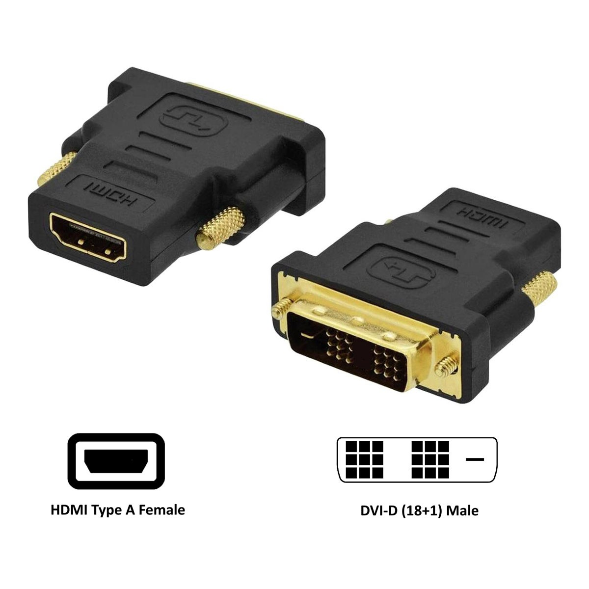 Adattatore da HDMI a DVI con viti ed etichette.