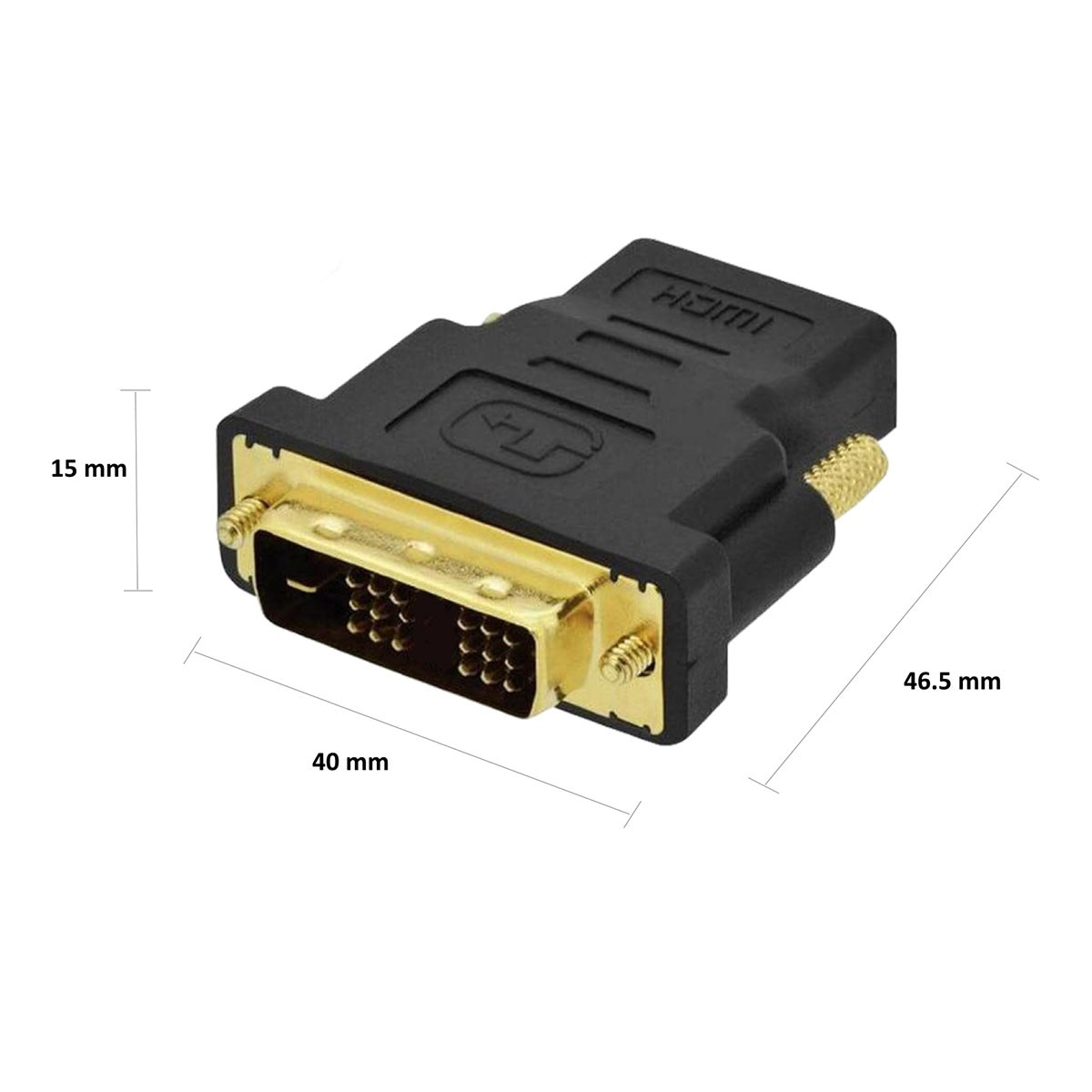 Adattatore DVI a HDMI nero con connettori dorati e dimensioni.