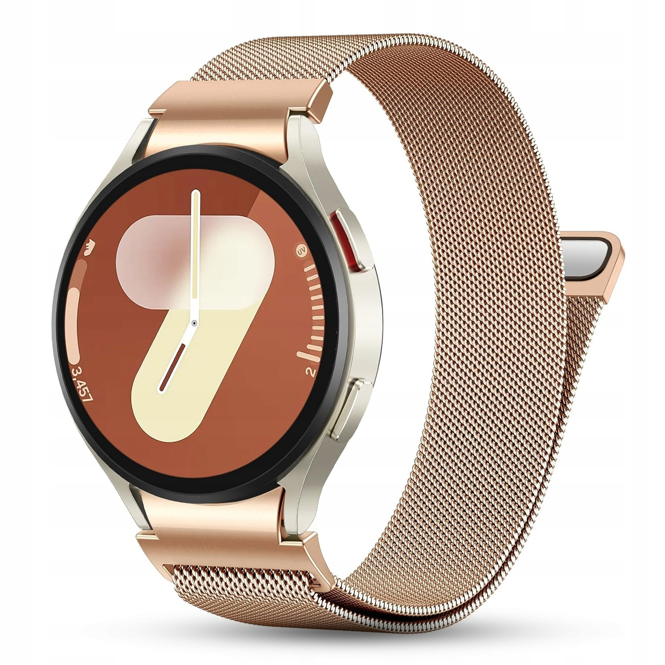 Złoty smartwatch z siateczkowym paskiem i okrągłą tarczą.