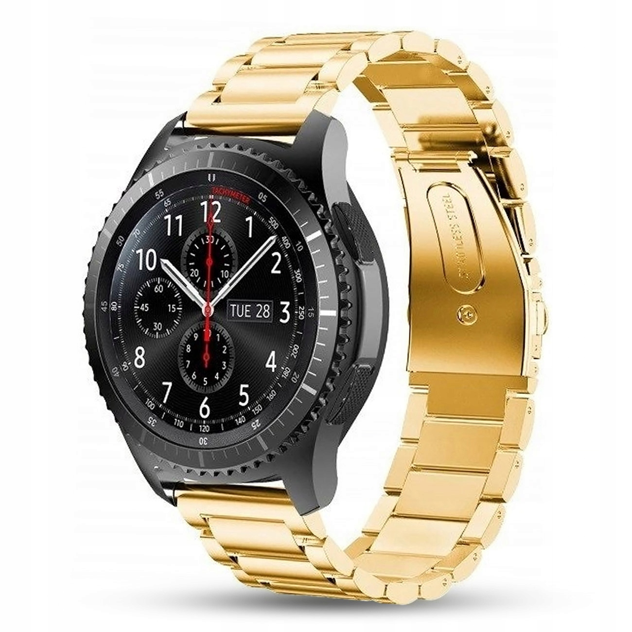 Złoty smartwatch z czarną tarczą i metalową bransoletą.