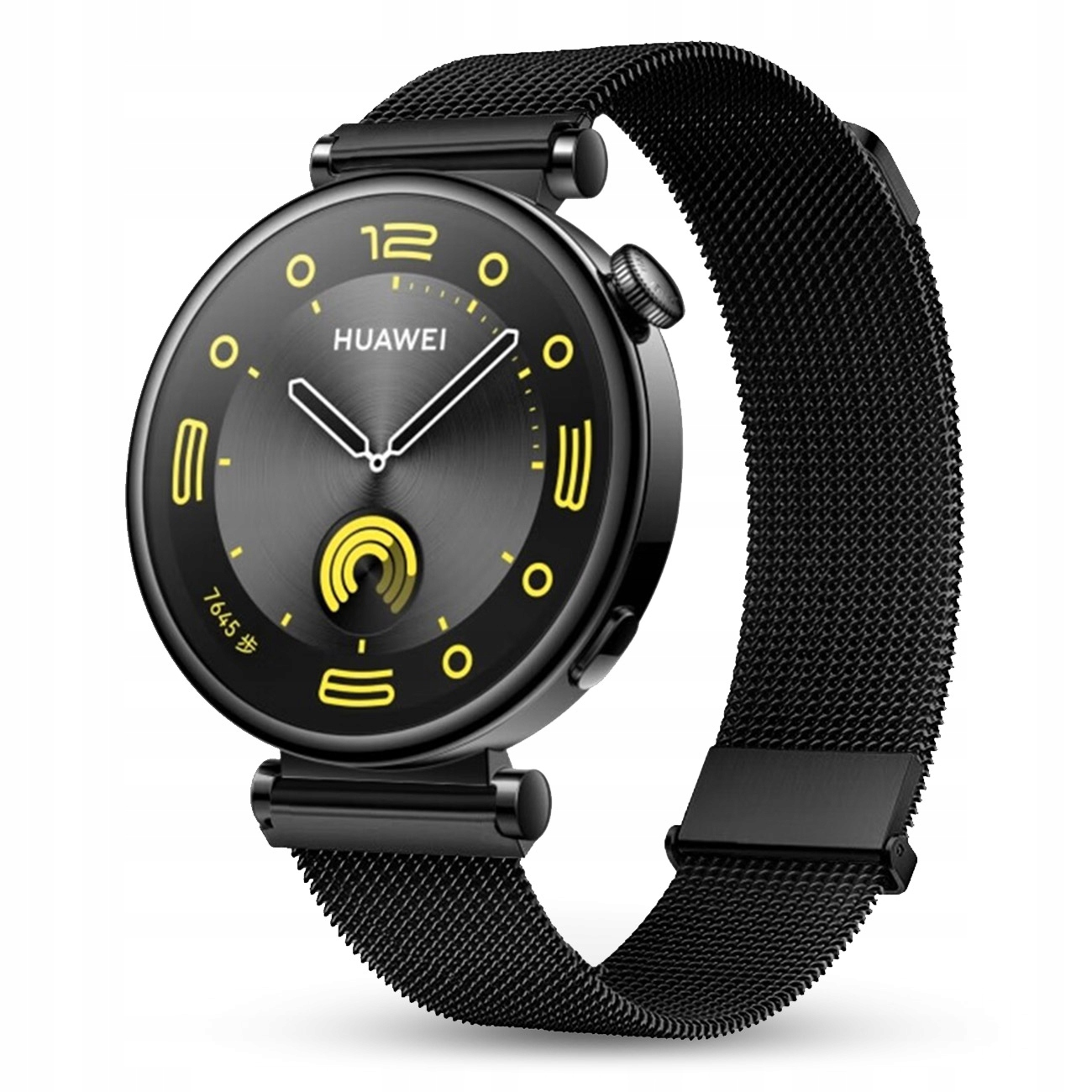 Czarny smartwatch Huawei z metalową bransoletą i żółtymi akcentami na tarczy.