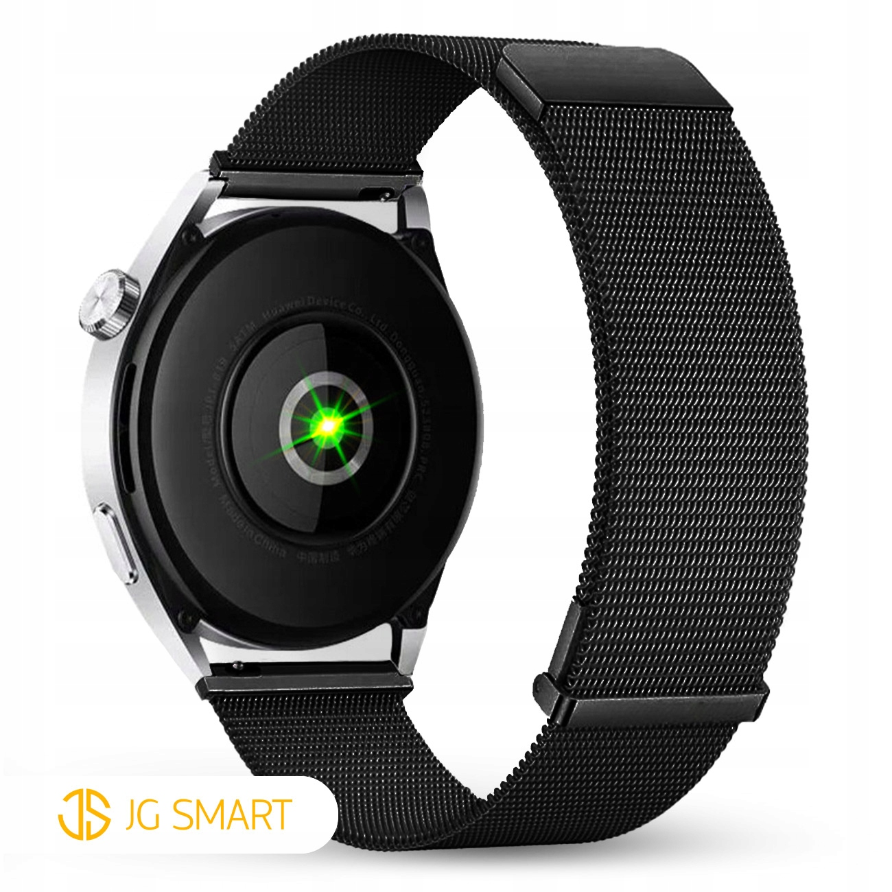 Tył smartwatcha z metalową bransoletą i zielonym światłem sensora.