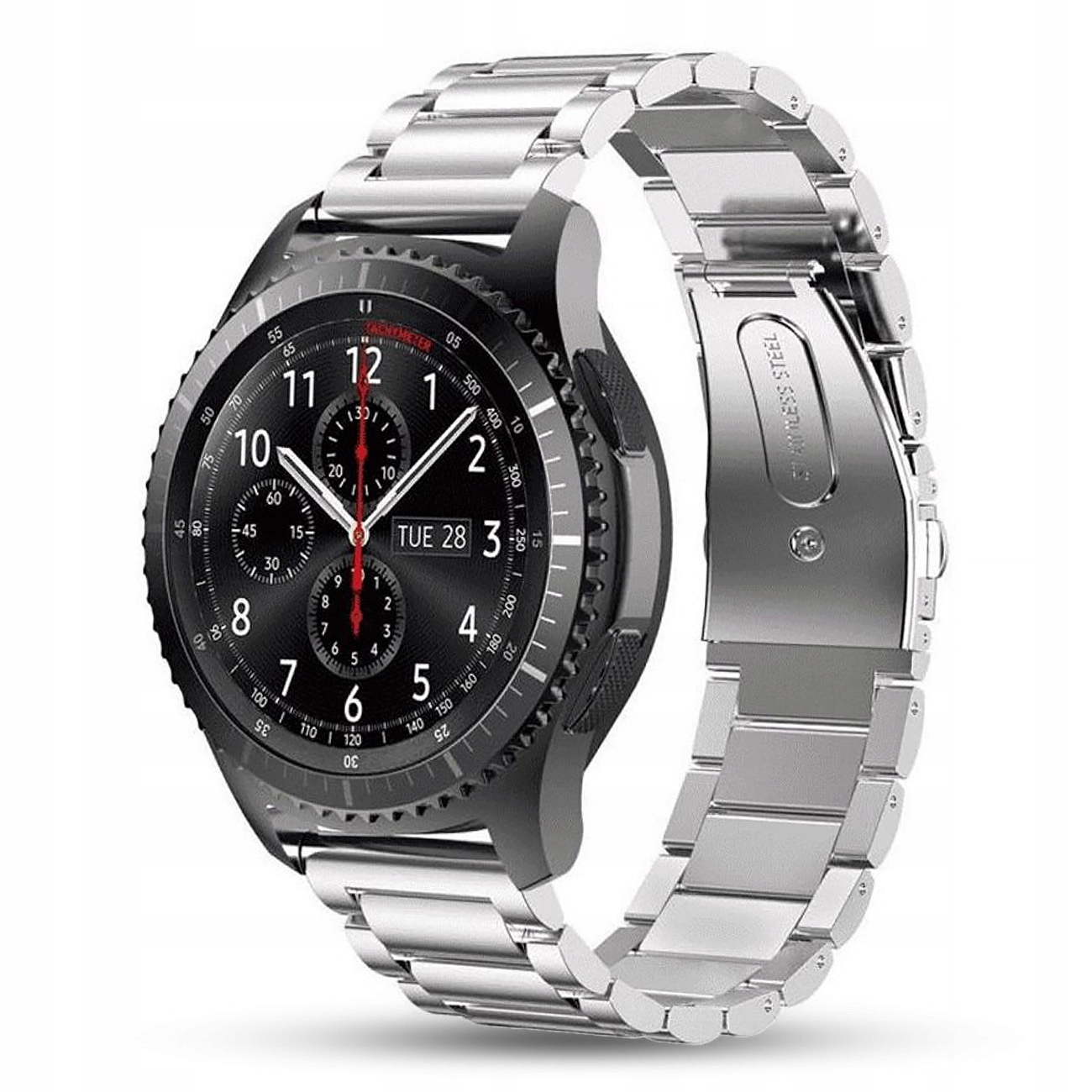 Czarny smartwatch z srebrną metalową bransoletą. Tarcza zegarka pokazuje godzinę i datę WT 28 3.
