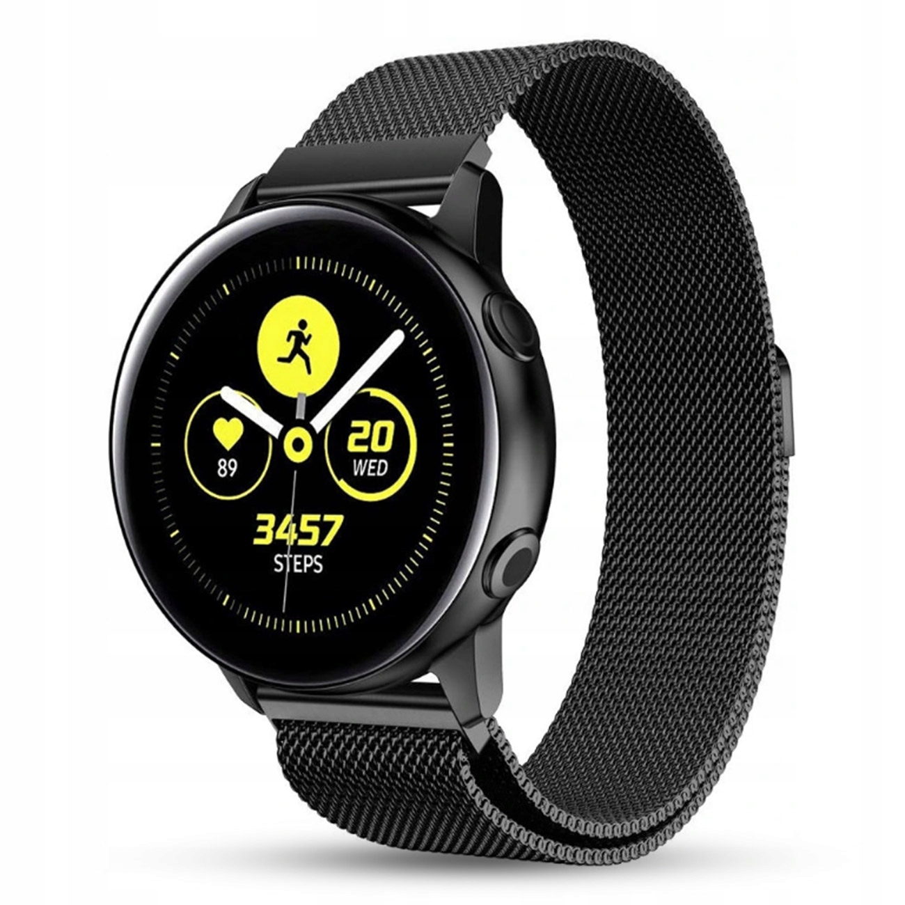 Czarny smartwatch z paskiem mediolańskim, wyświetla kroki i tętno.