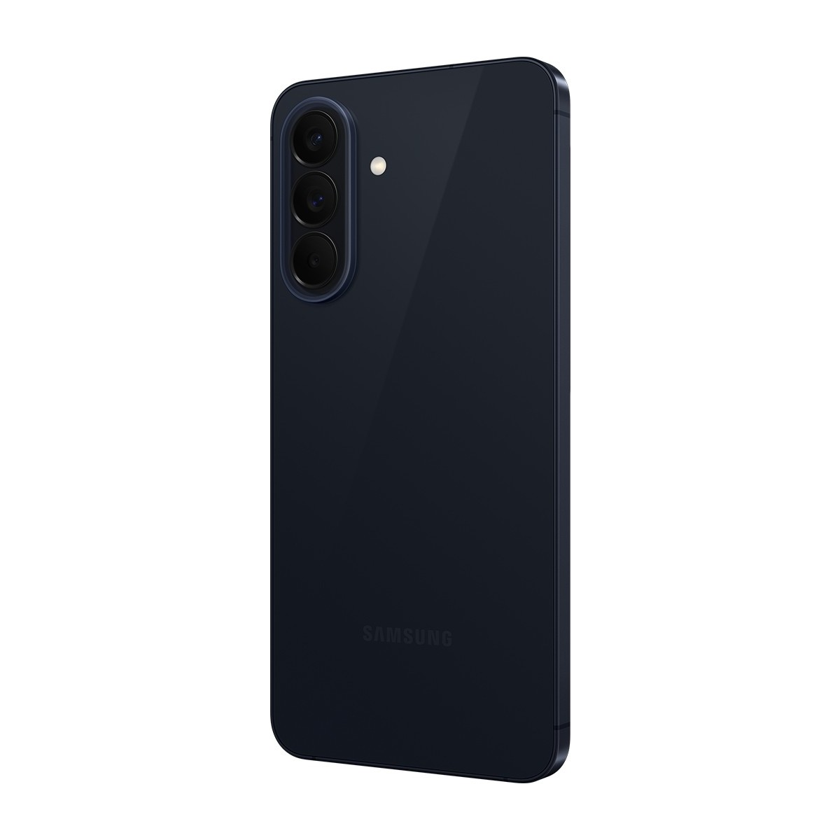 Üç kameralı ve flaşlı koyu mavi Samsung akıllı telefon.