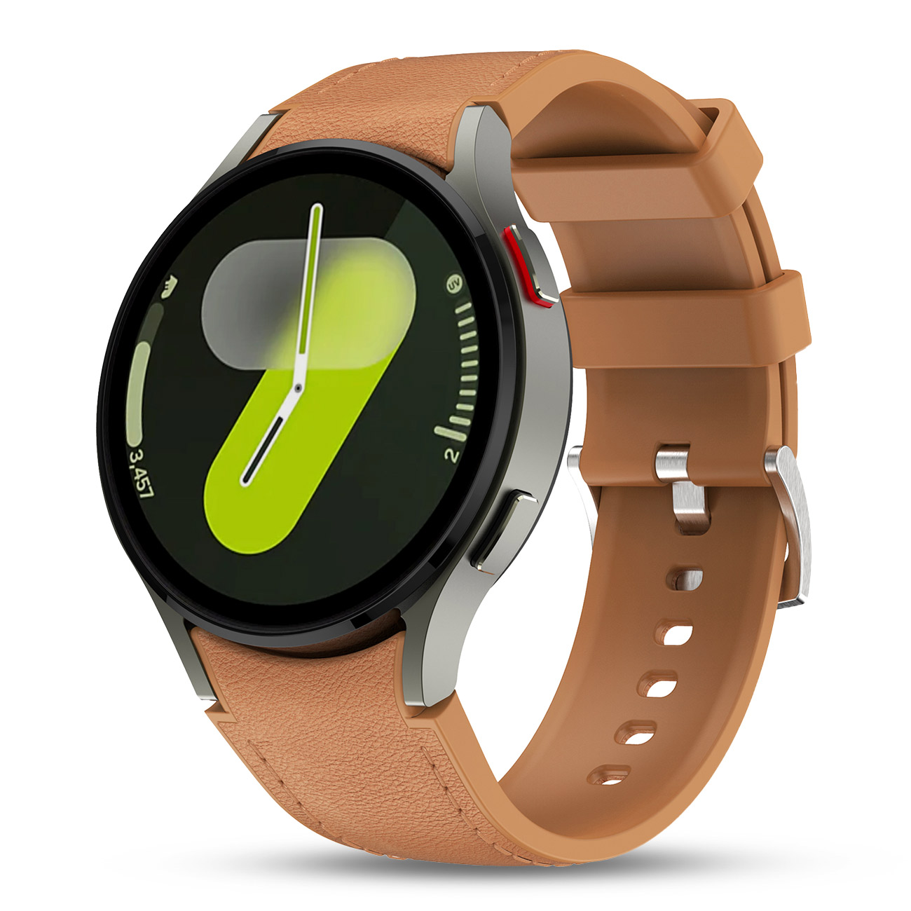 Okrągły smartwatch z brązową skórzano-silikonową bransoletą i zieloną tarczą.