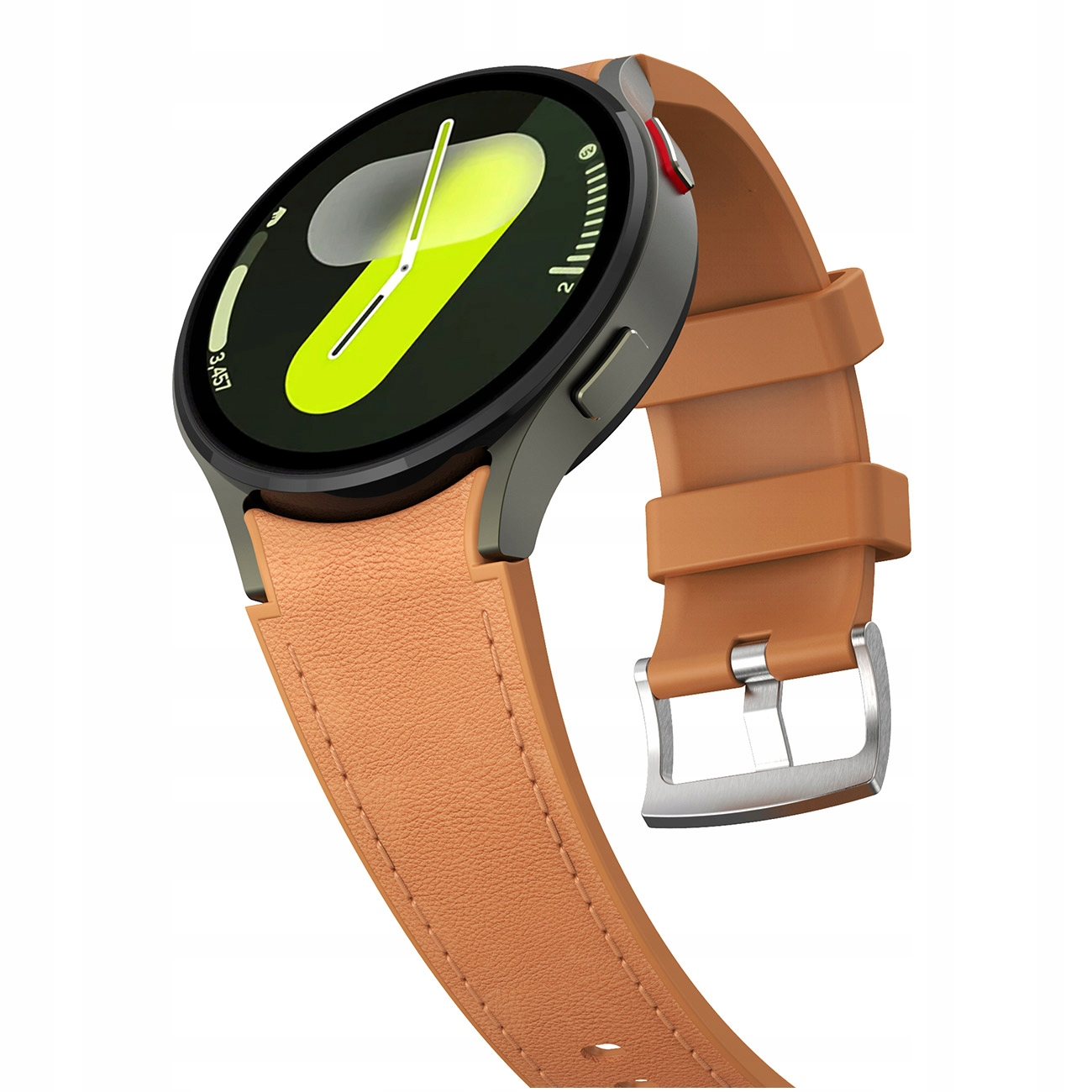 Okrągły smartwatch z brązowym skórzanym paskiem i zieloną tarczą.