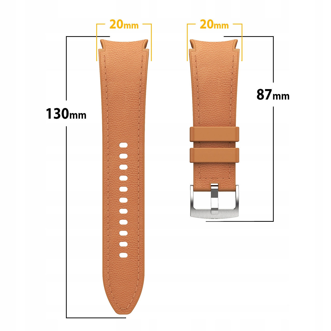 Dwa brązowe paski do zegarka pokazane z wymiarami. Jeden ma 130 mm, drugi 87 mm.