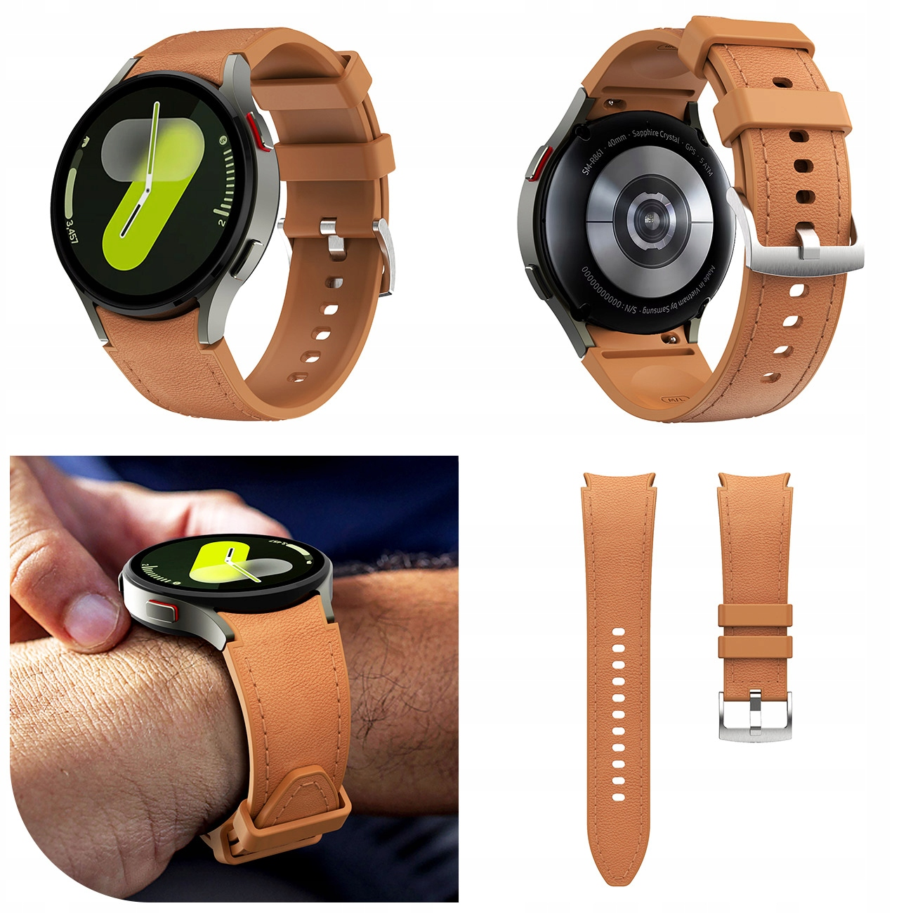 Srebrny smartwatch z brązowym skórzanym paskiem i zieloną tarczą.