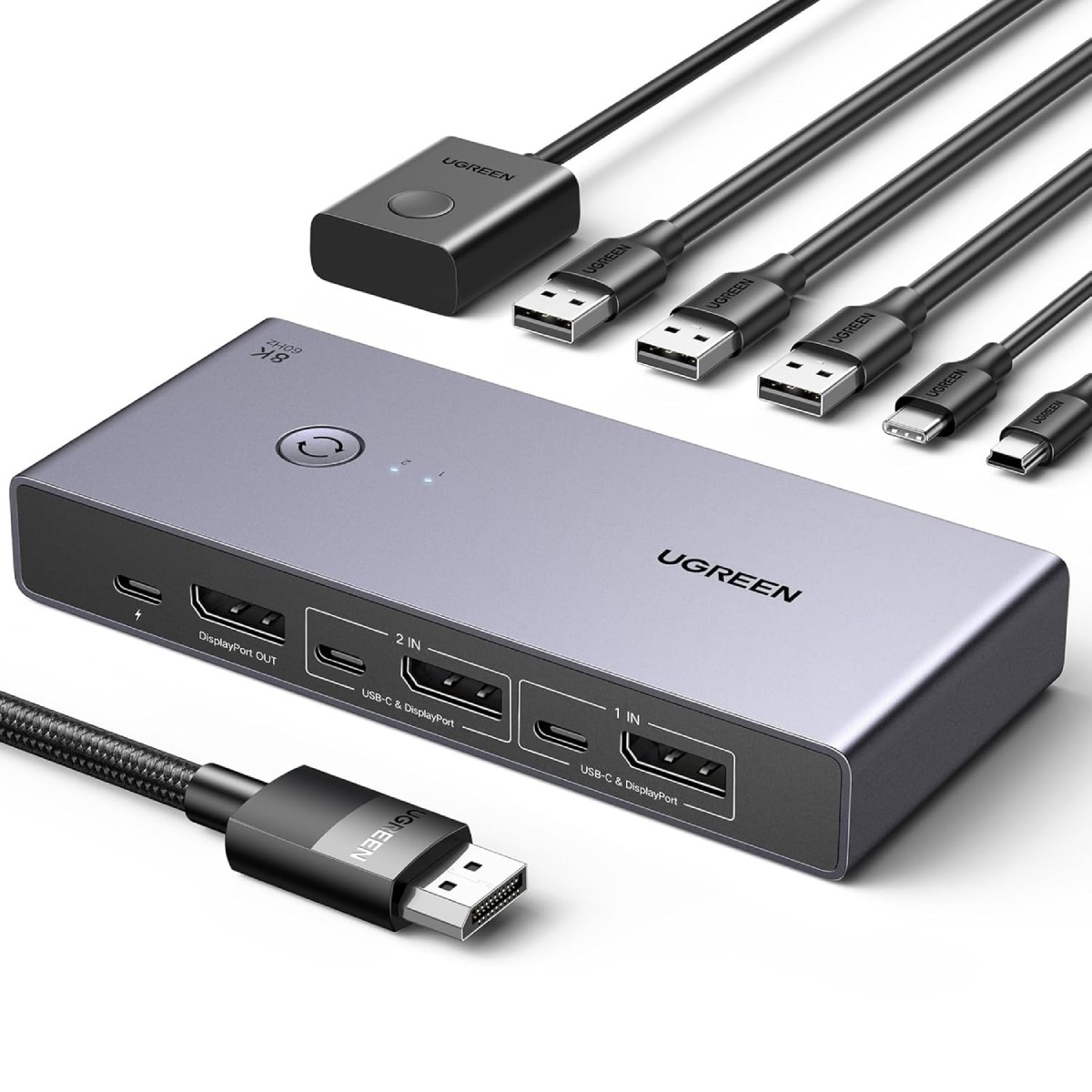 Switch UGREEN 8K DisplayPort con porte USB-C e cavi USB.