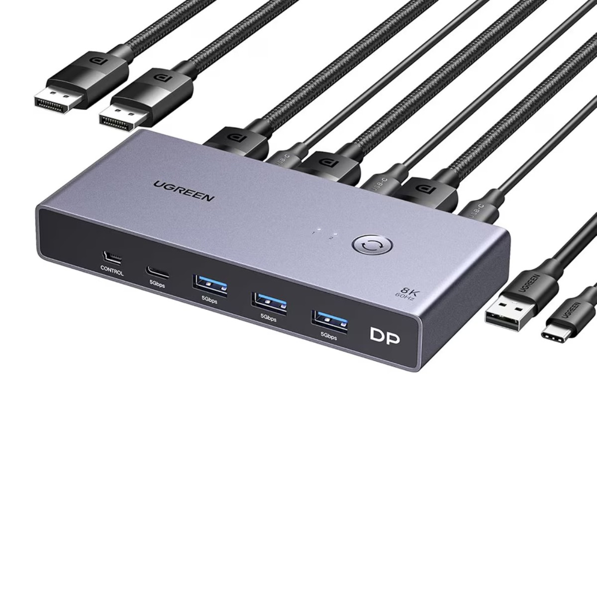 Hub DP UGREEN 8K 60Hz con USB-C, porte 5Gbps e ingresso di controllo. Cavi inclusi.