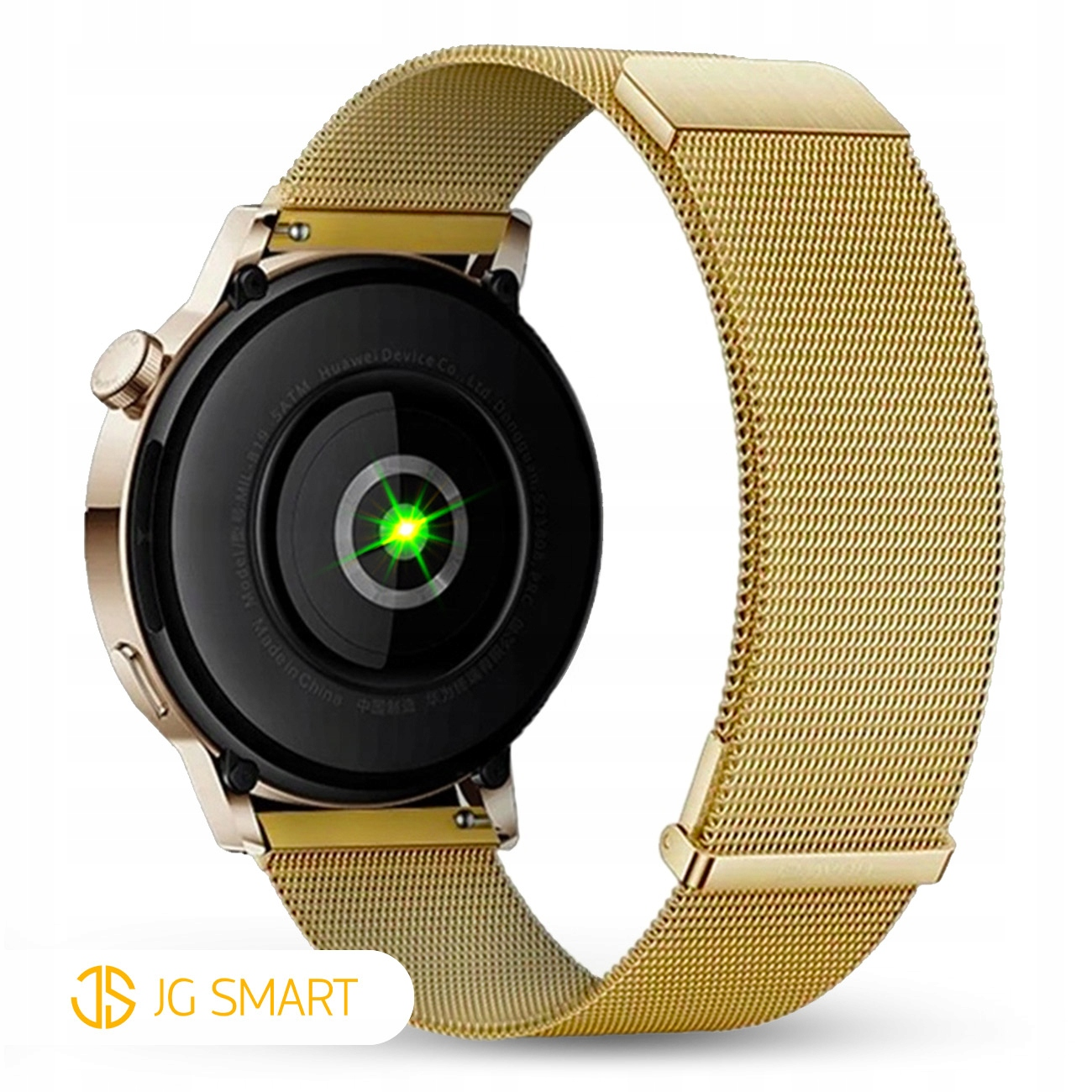 Złoty smartwatch z czujnikiem tętna i siatkową bransoletą, na białym tle.