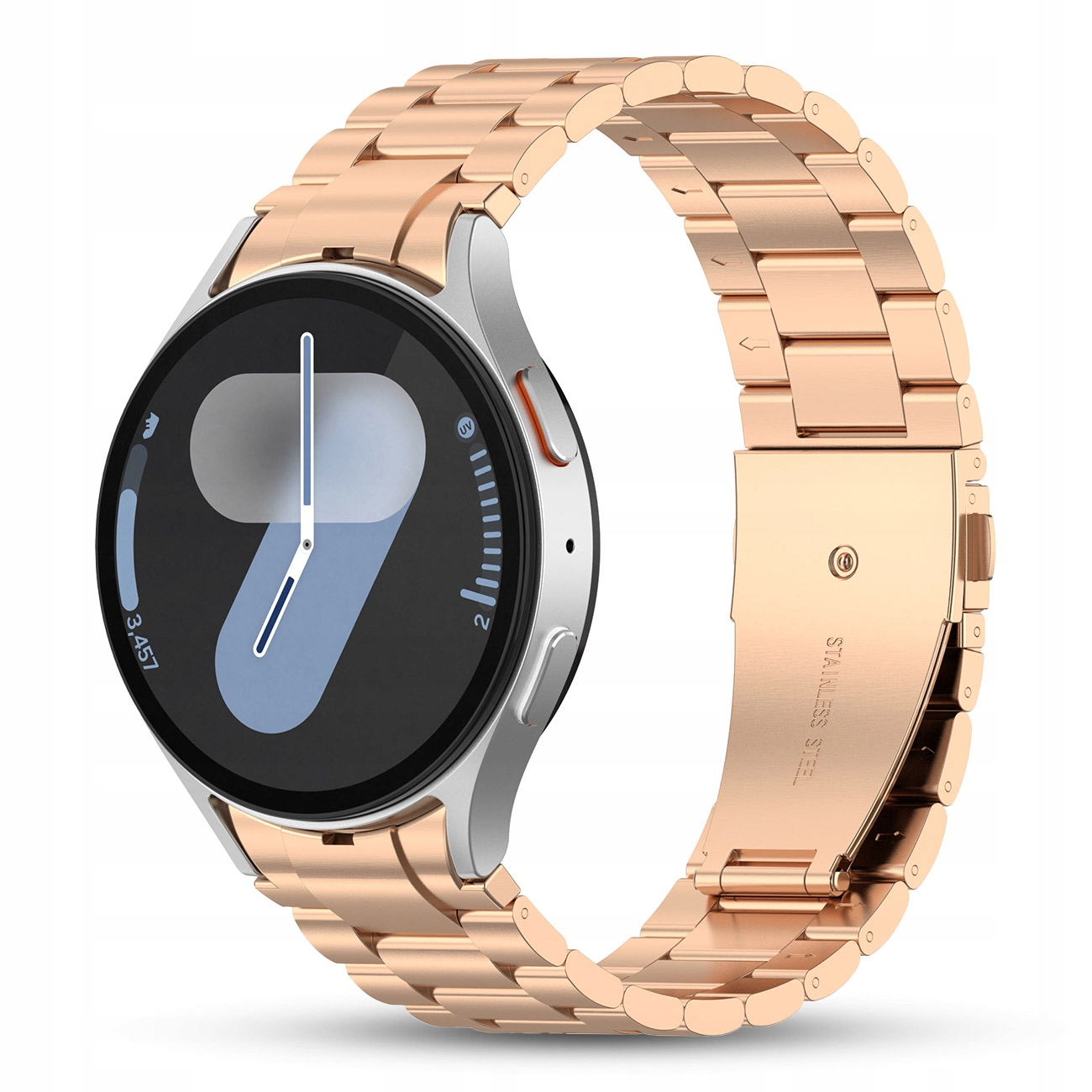 Różowo-złoty smartwatch z srebrną obudową i cyfrową tarczą.