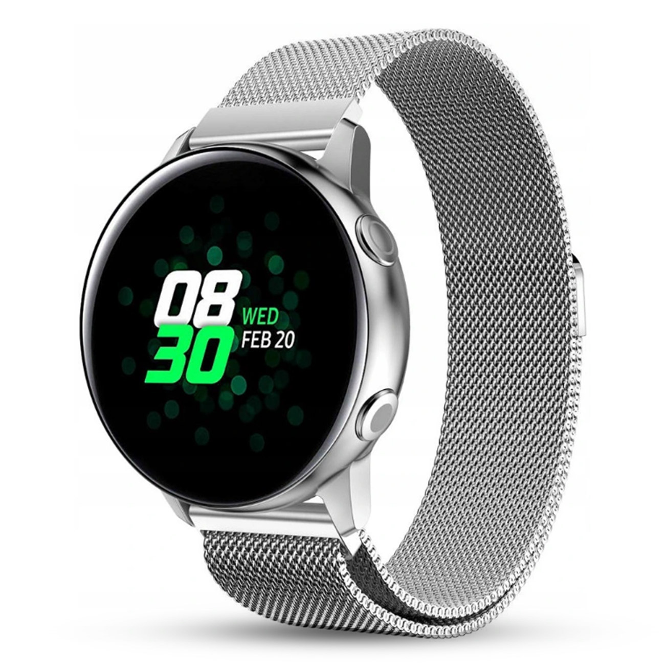 Srebrny smartwatch z bransoletą mediolańską, pokazuje czas i datę.
