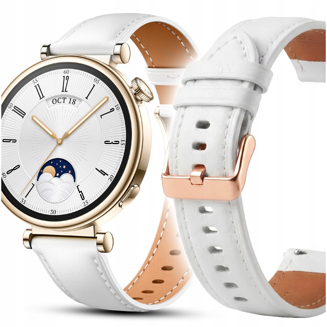 Biały smartwatch ze złotą kopertą i wyświetlaczem faz księżyca.