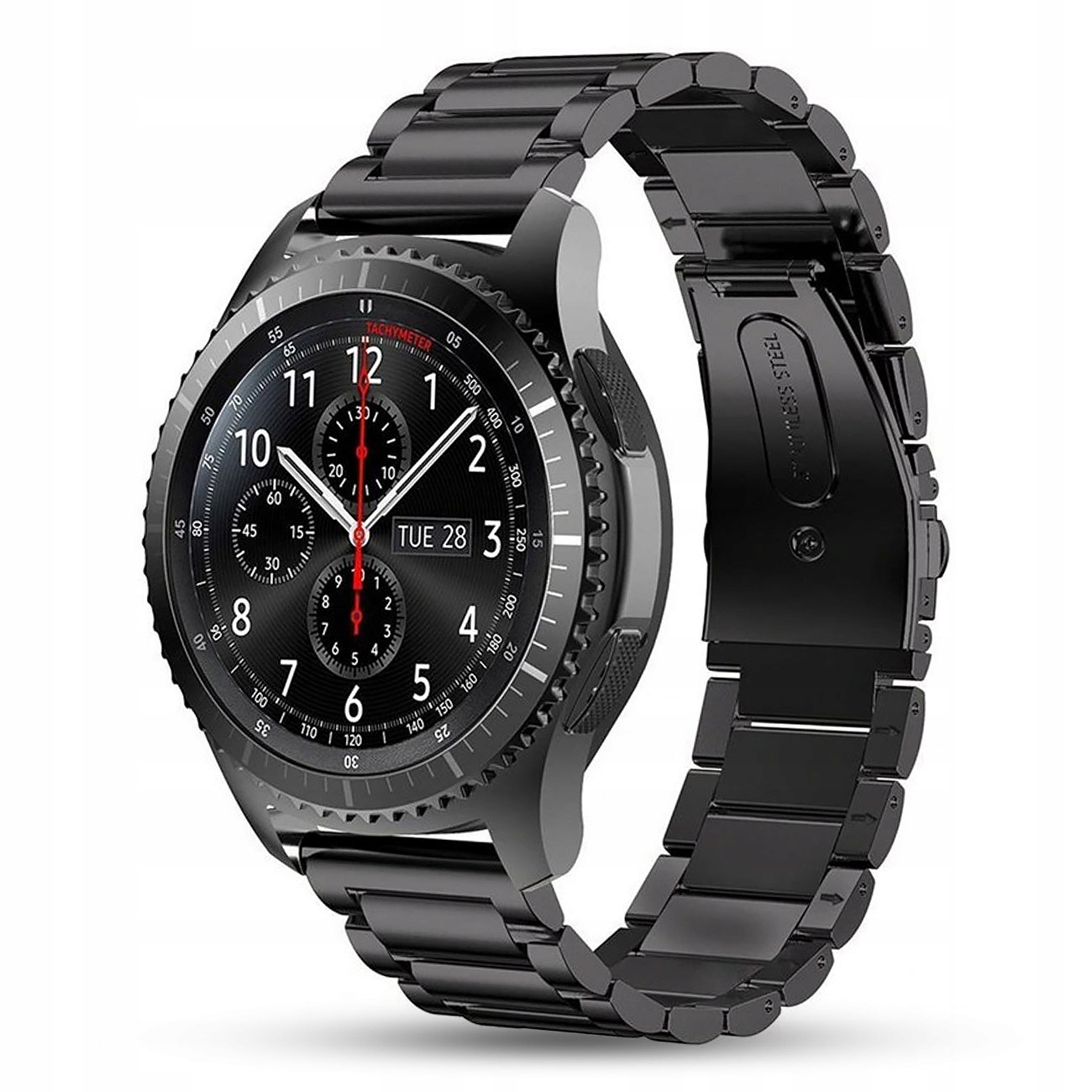 Czarny smartwatch z metalową bransoletą i czarną tarczą. Zegarek pokazuje wtorek 28.