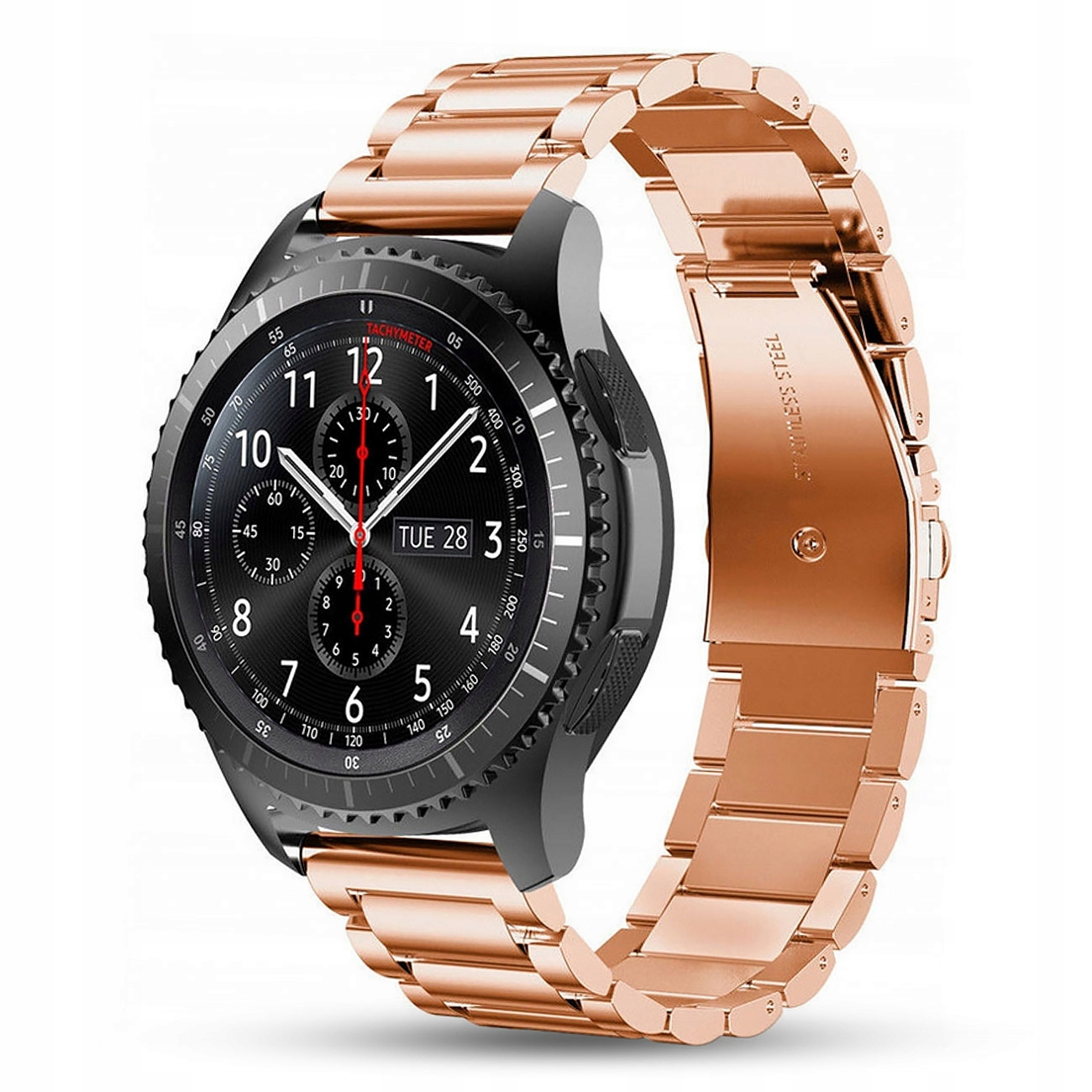 Zegarek smartwatch w kolorze różowego złota z czarną tarczą.
