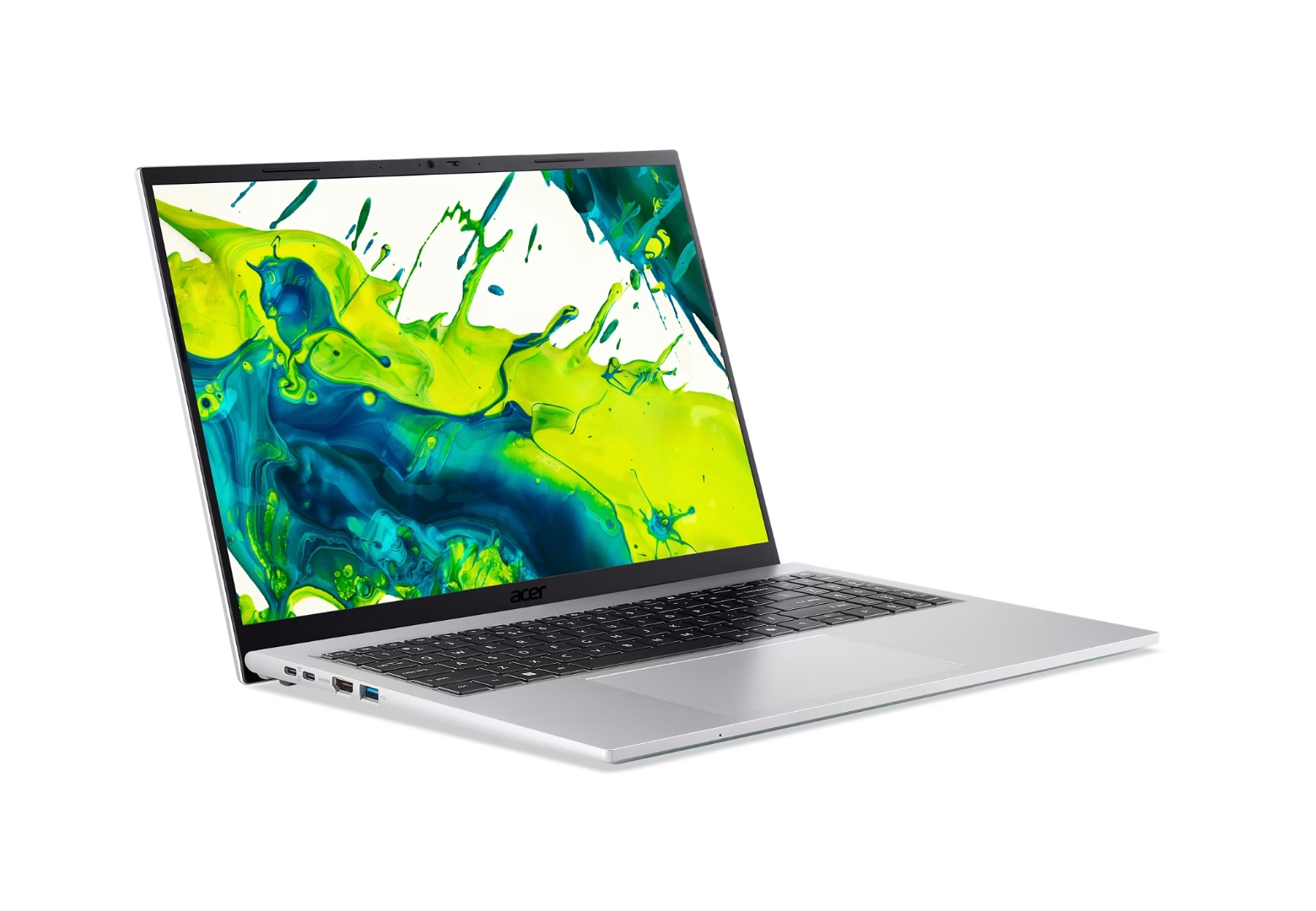Un laptop argentato con uno sfondo astratto colorato sullo schermo.