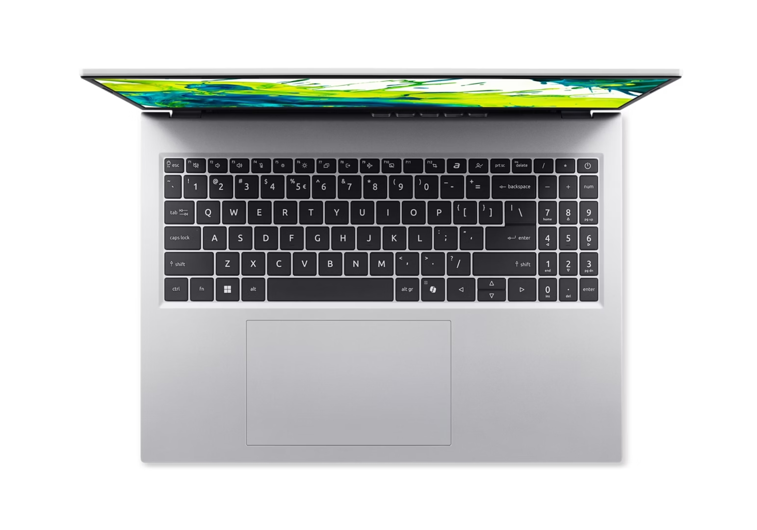 Un laptop argentato aperto con tastiera e schermo che mostra un motivo verde e giallo.