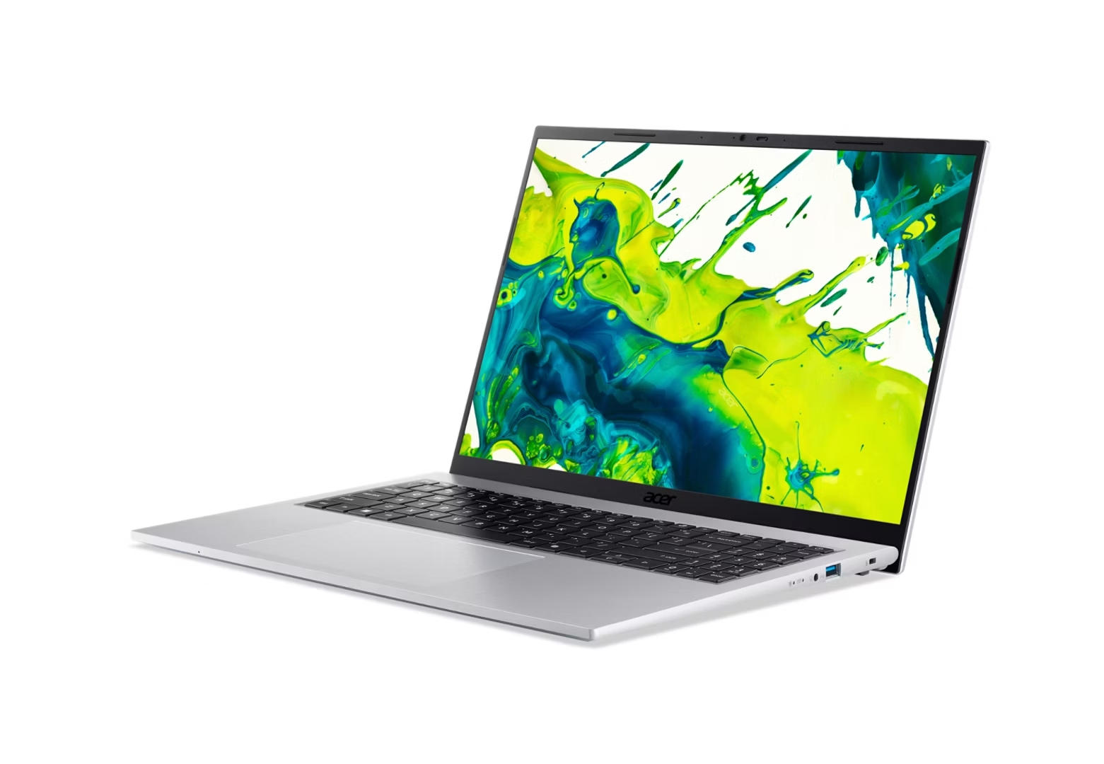 Un laptop argento con uno sfondo colorato a schizzi sullo schermo.
