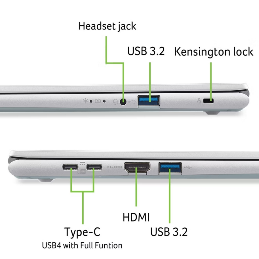 Porte del laptop: cuffie, USB 3.2, Kensington, Type-C, HDMI.