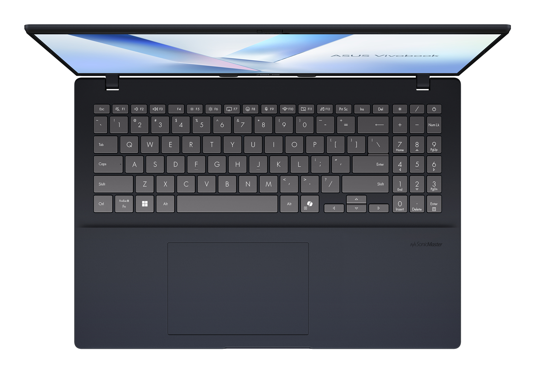 Un laptop Asus Vivobook blu scuro aperto mostra la tastiera e lo schermo con sfondo astratto.