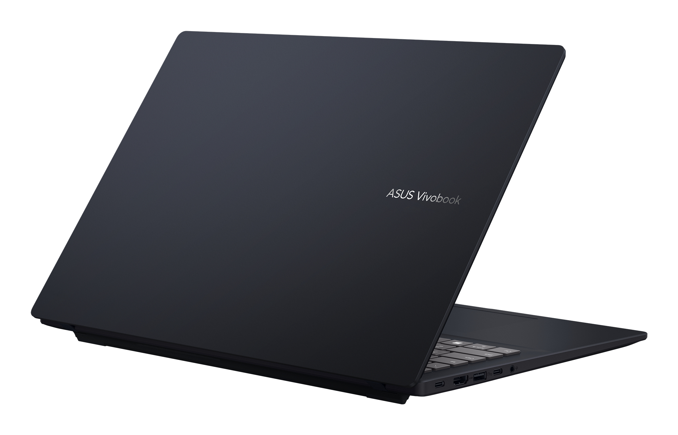 Un laptop ASUS Vivobook grigio scuro è aperto, mostrando tastiera e porte.