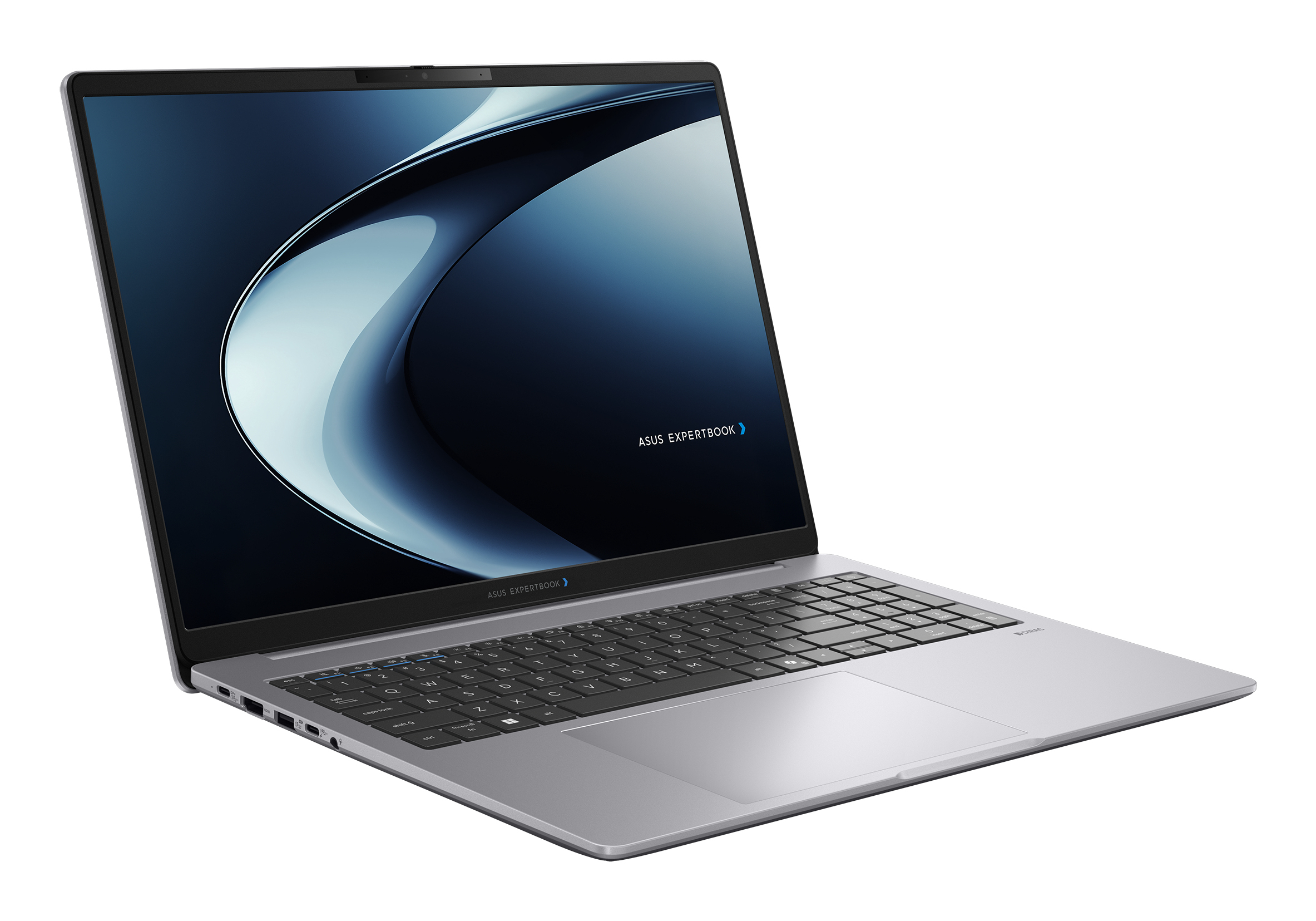 Un laptop Asus Expertbook argentato con uno sfondo astratto blu sul suo schermo.