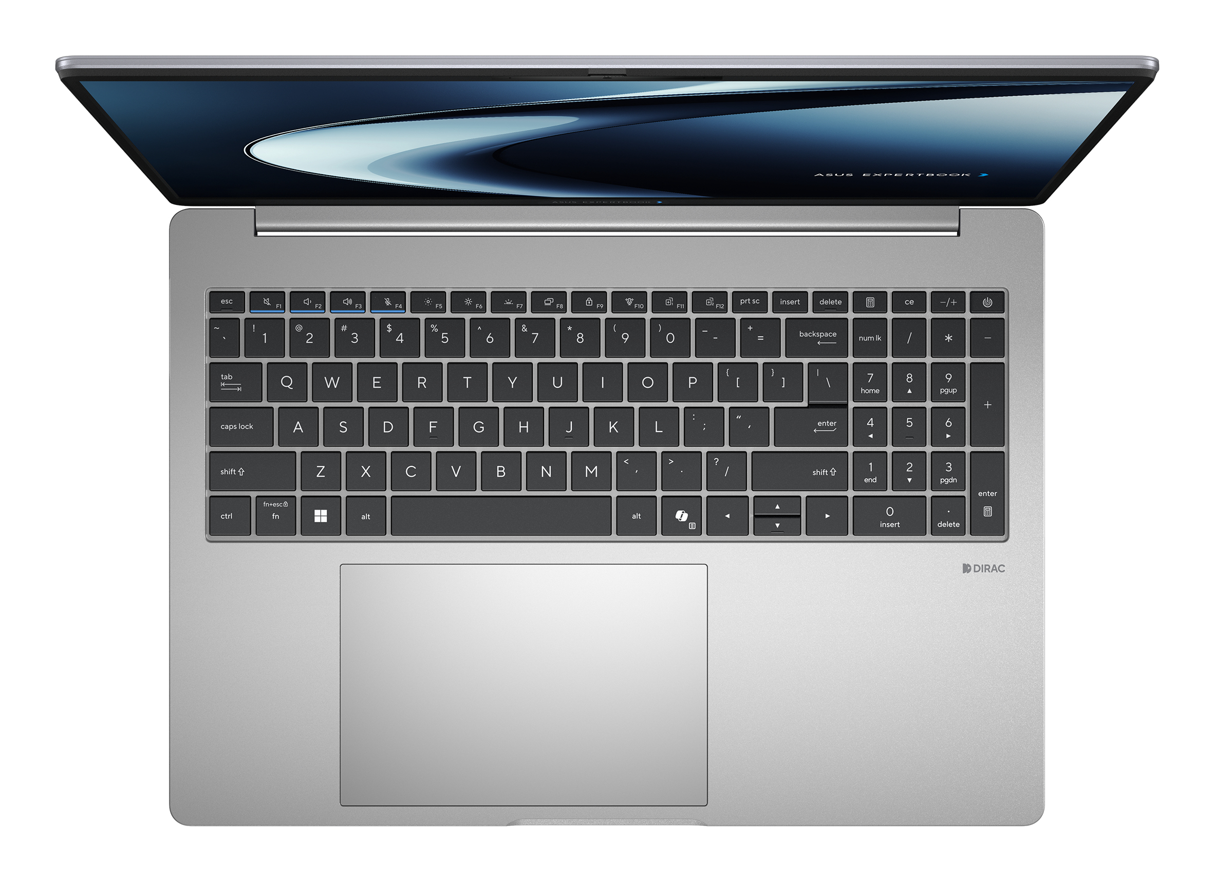 Un laptop argentato con il coperchio aperto, tastiera visibile, su sfondo bianco.
