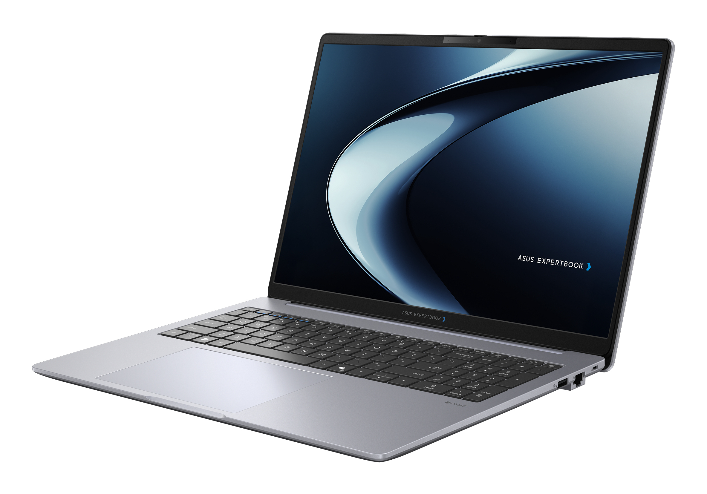 Un laptop Asus ExpertBook argentato con tastiera retroilluminata su sfondo bianco.