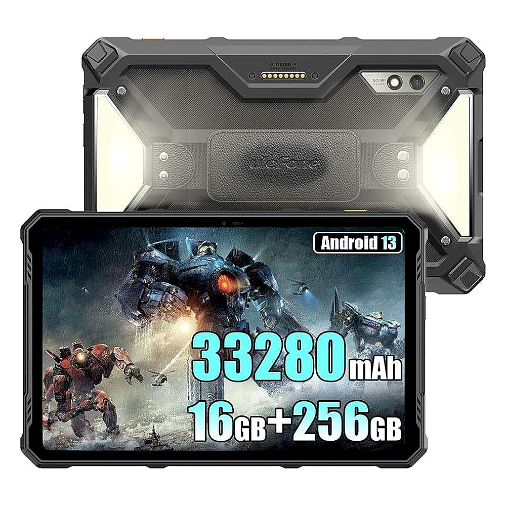 Robustes Tablet mit Android 13. Bildschirm zeigt Roboter und Text: 33280mAh, 16GB+256GB.