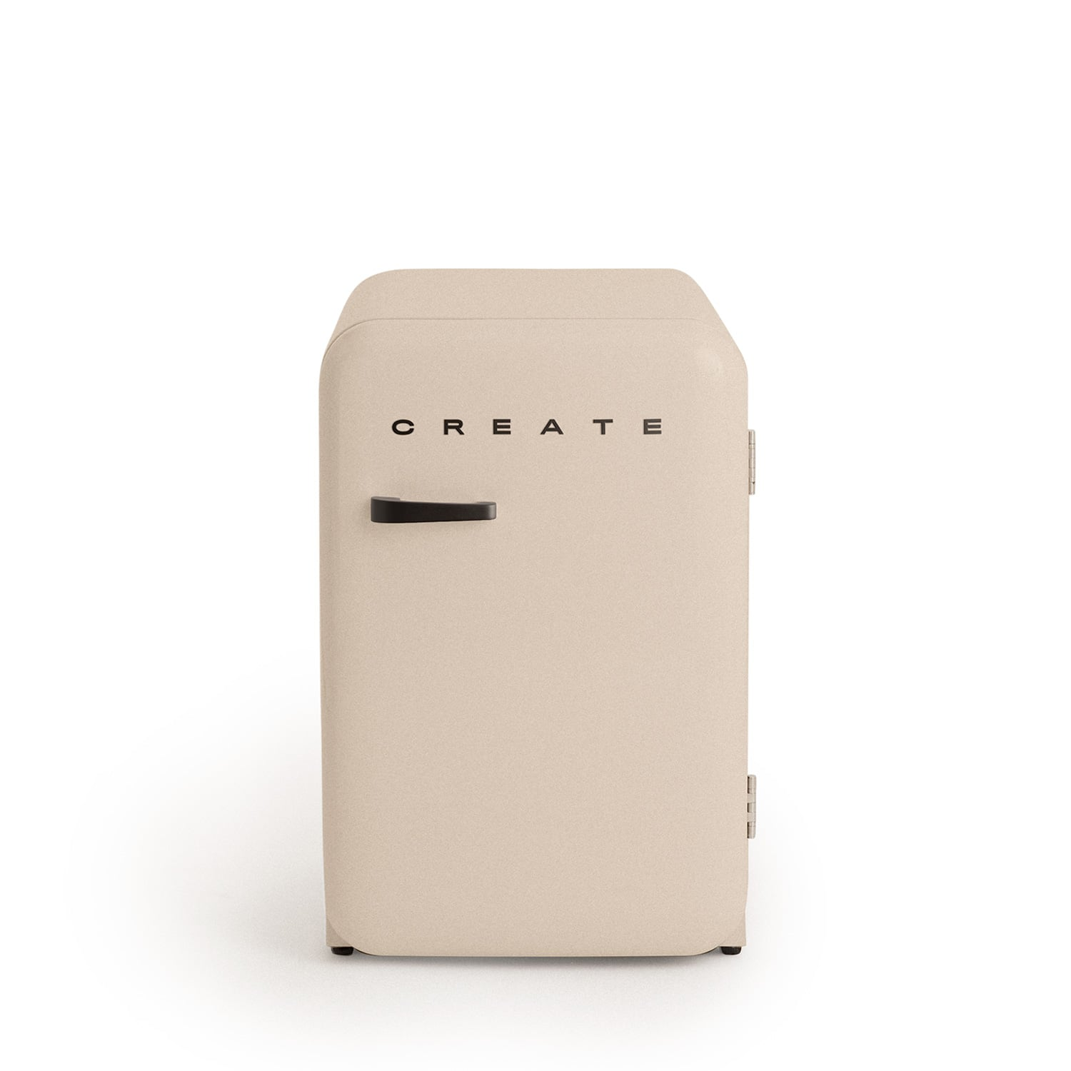 Un mini-refrigerador compacto beige claro con la palabra 'CREATE' delante.