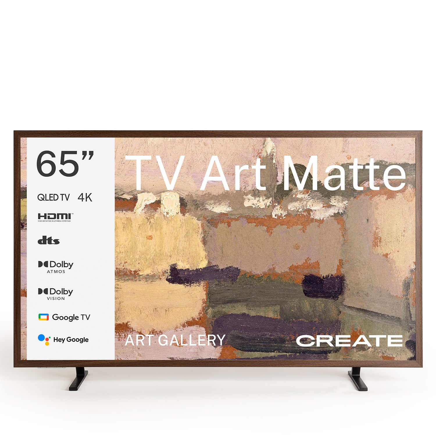 TV QLED de 65" con arte abstracto en pantalla, HDMI, Dolby, Google TV.