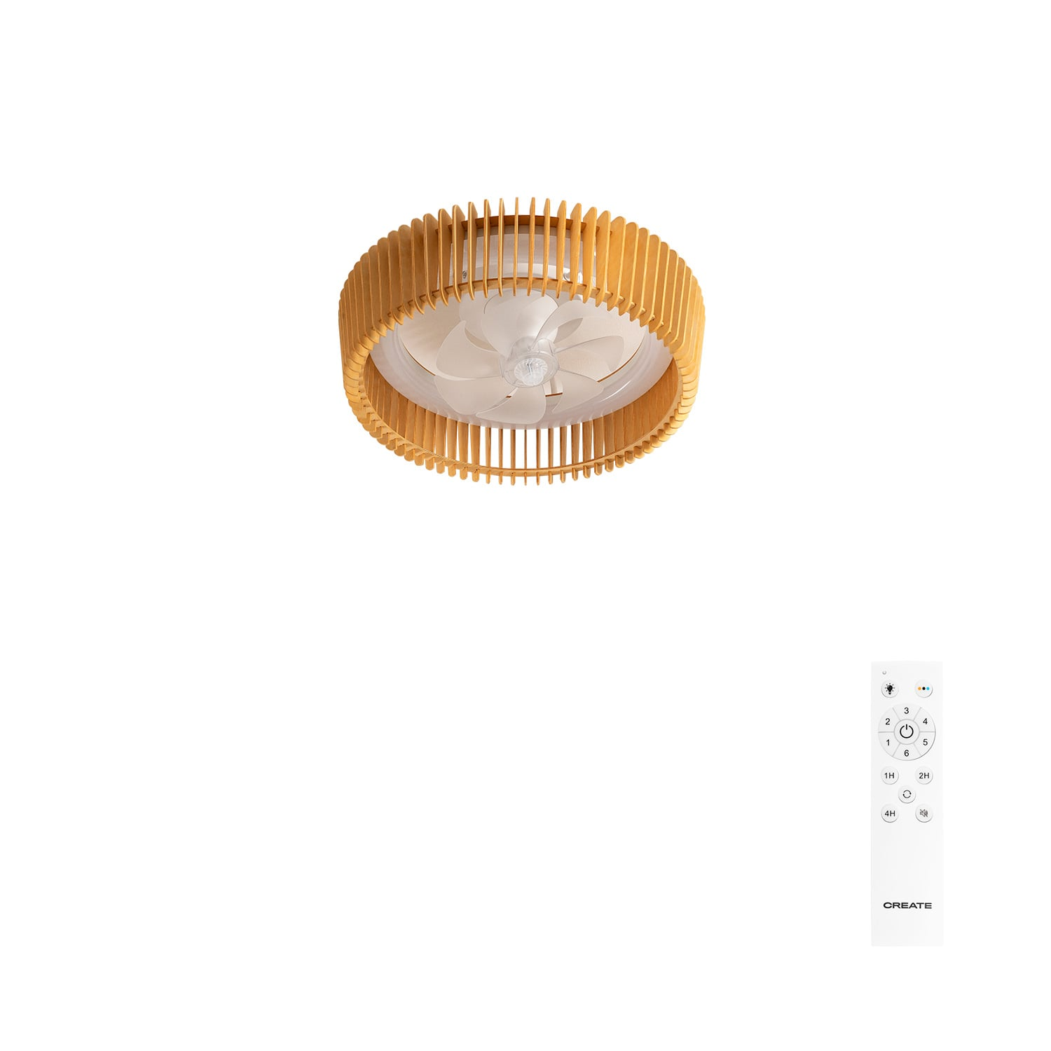 Lámpara de ventilador de techo con listones de madera y mando.