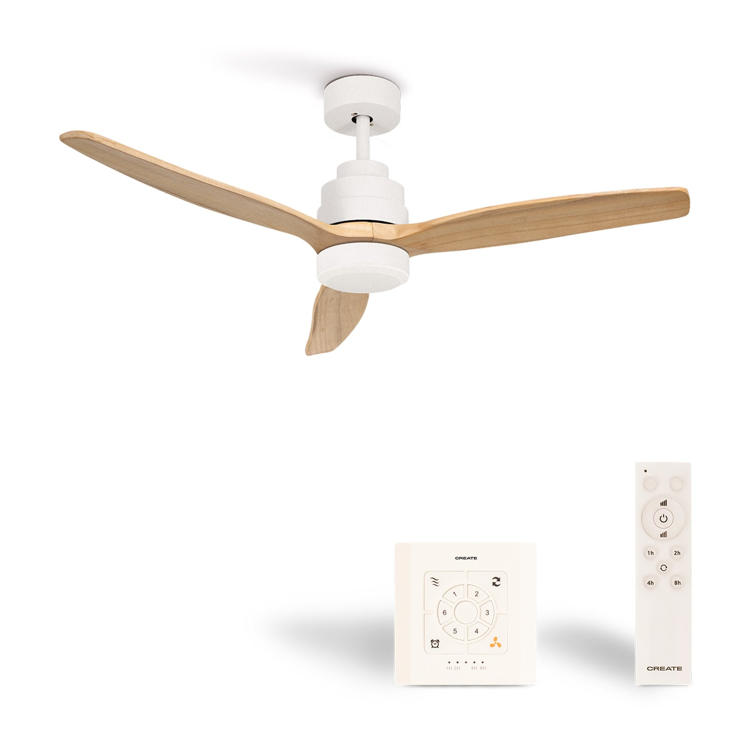 Ventilador de techo blanco con aspas de madera, control de pared y mando.