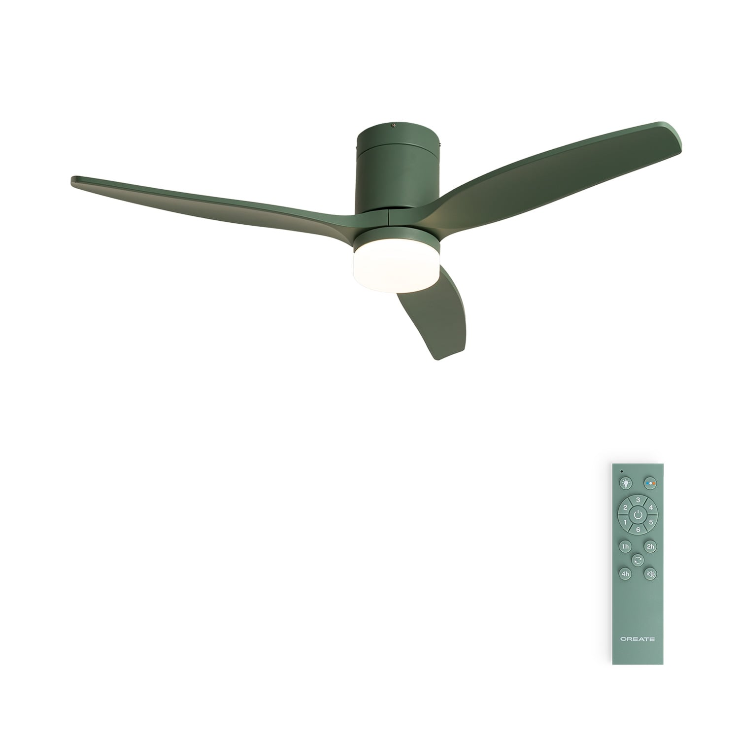 Un ventilador de techo verde con luz y mando a distancia sobre fondo blanco.