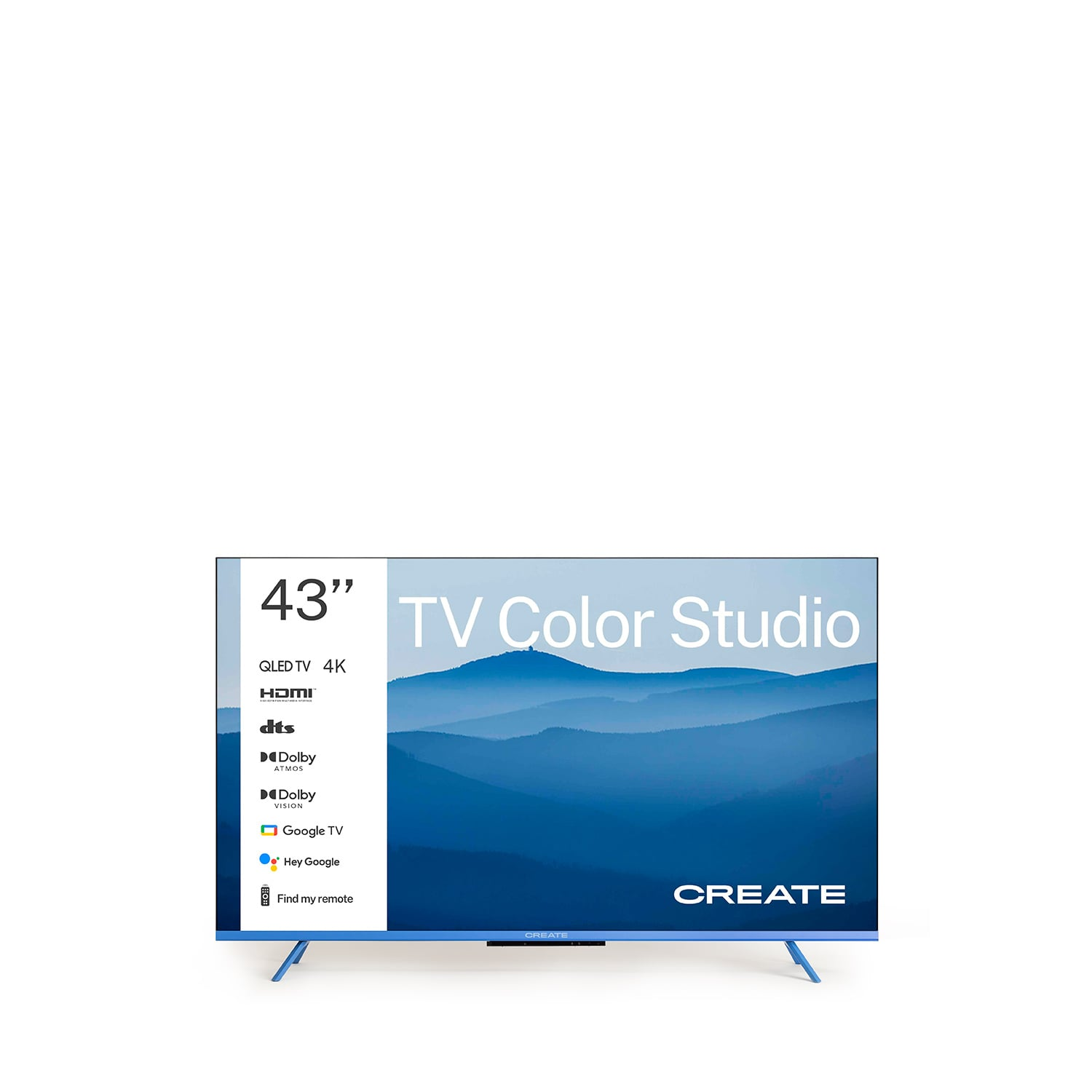 Un televisor QLED 4K de 43 pulgadas con marca 'TV Color Studio', base azul.