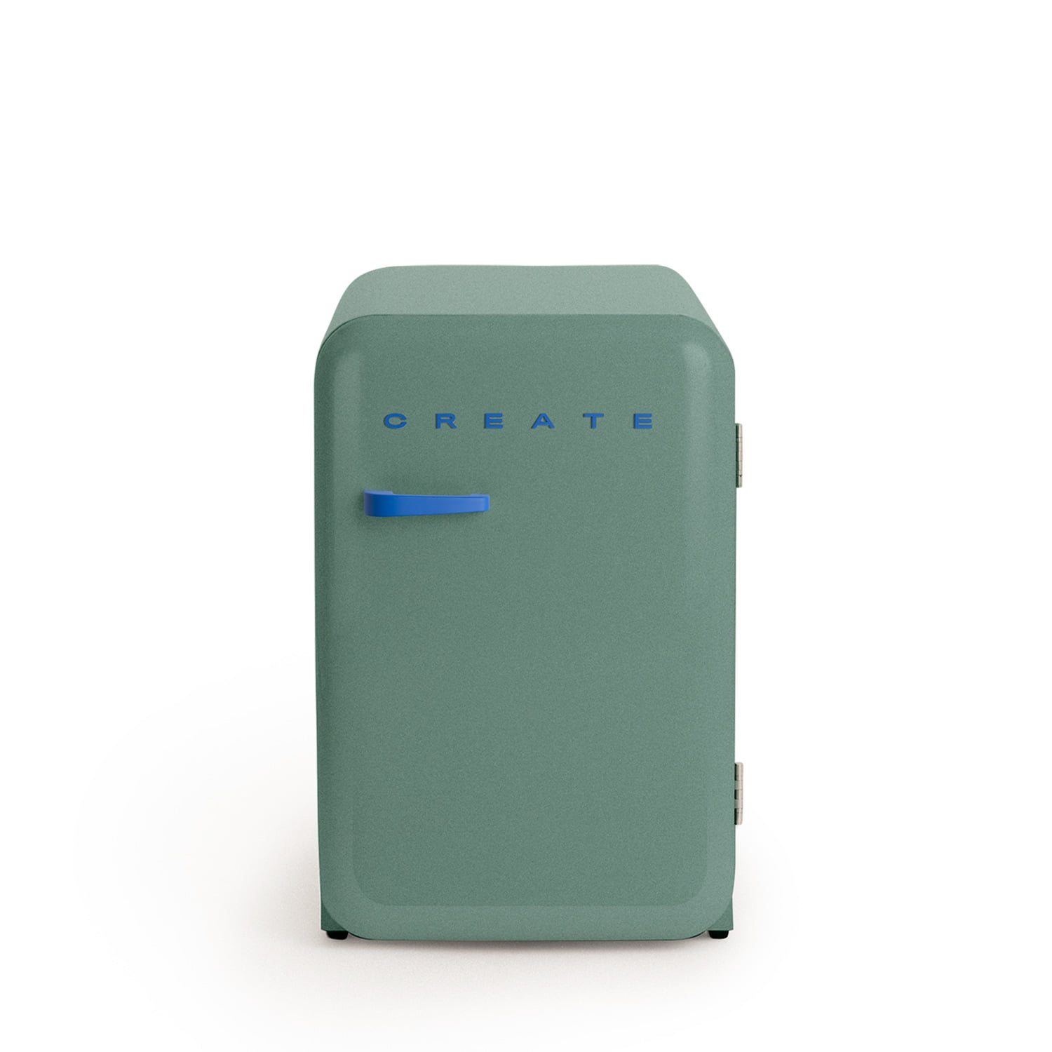 Un pequeño frigorífico verde pastel con asa azul y la palabra CREATE.