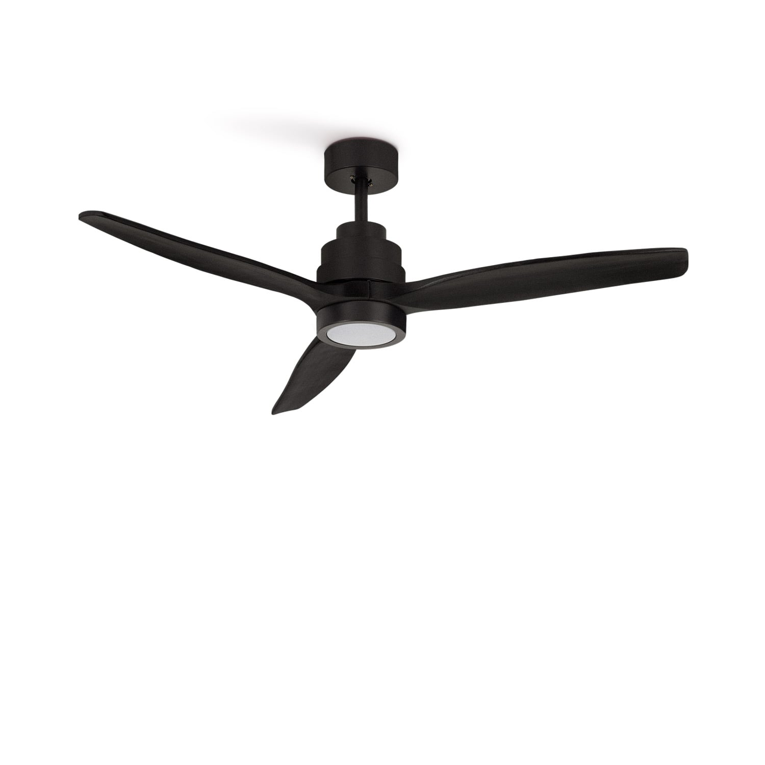 Ventilador de techo negro de tres aspas con luz LED integrada.