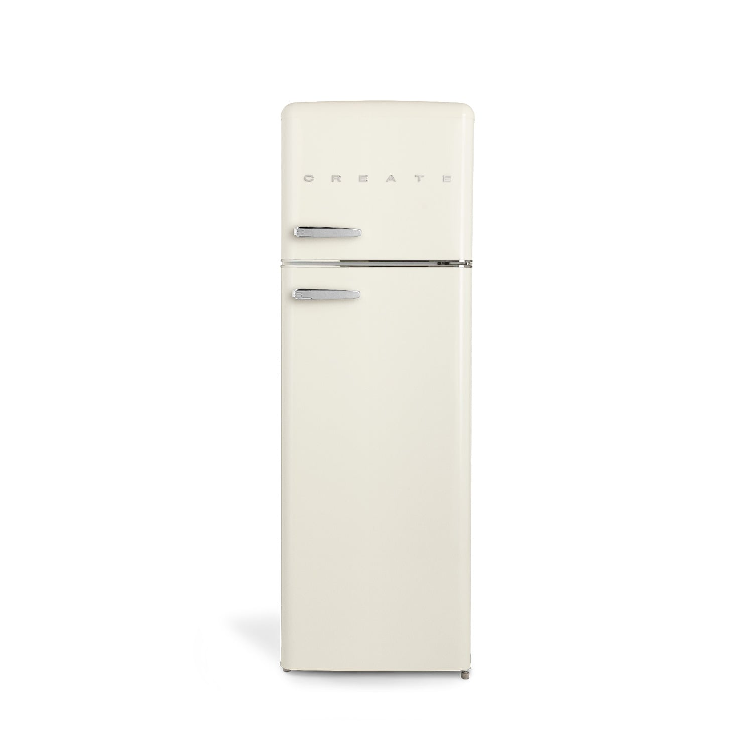 Un refrigerador color crema con tiradores plateados y la palabra CREATE.