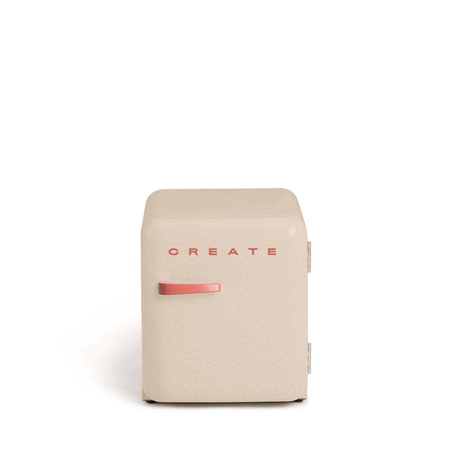 Mininevera beige con asa coral y la palabra CREATE.