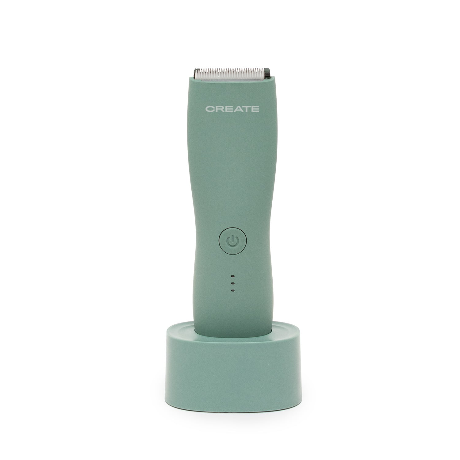 Una cortadora de pelo verde con base de carga. Tiene un botón de encendido y tres luces.